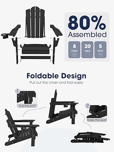 Miniatura 6 de KINGYES Juego de 2 sillas Adirondack plegables ajustables, sillas Adirondack reclinables de 3 posiciones con soporte para tazas, polietileno de alta