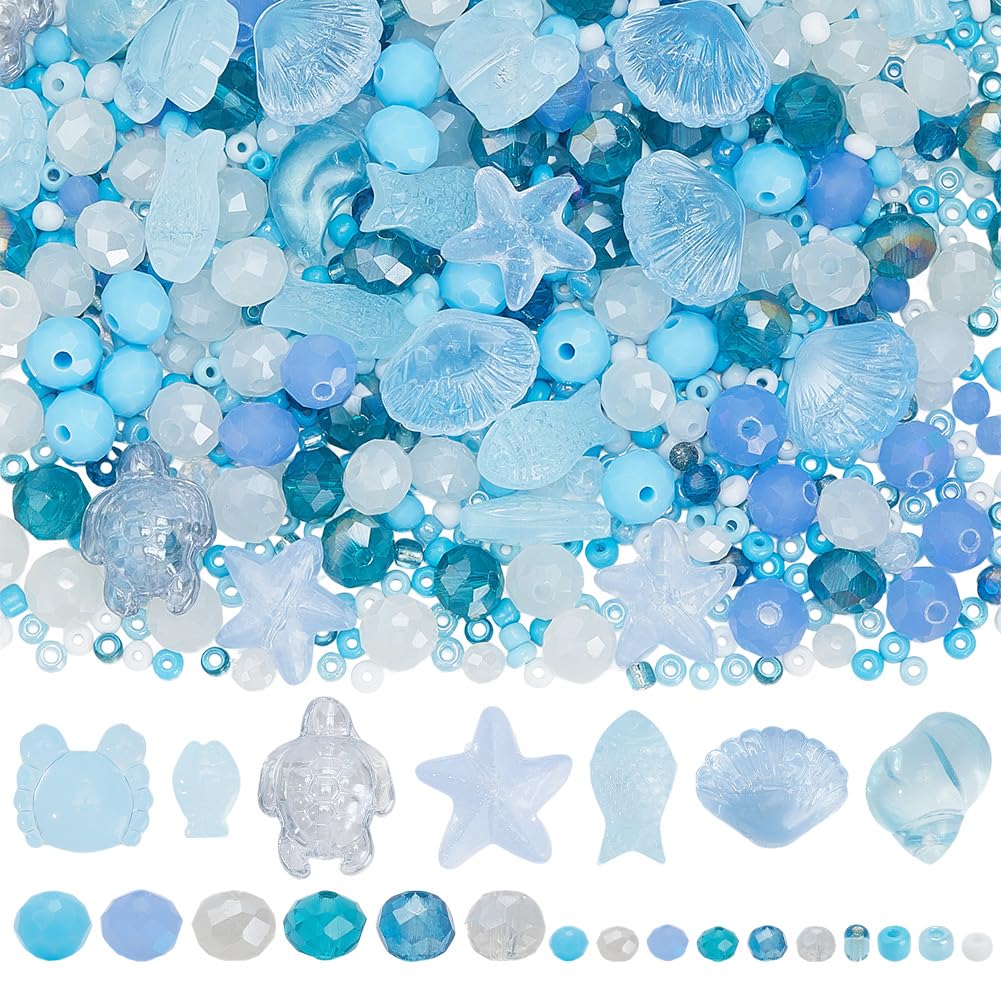 SUNNYCLUE 1 Box About 295pcs Summer Beading Kit Glass Turtle Bead Light Sky Blue Clear Hawaii Beach Ocean Animal Life Fish Starfish Turtle Seashell Spacers for Jewellery Making Beading Kits Crafting โ image 1