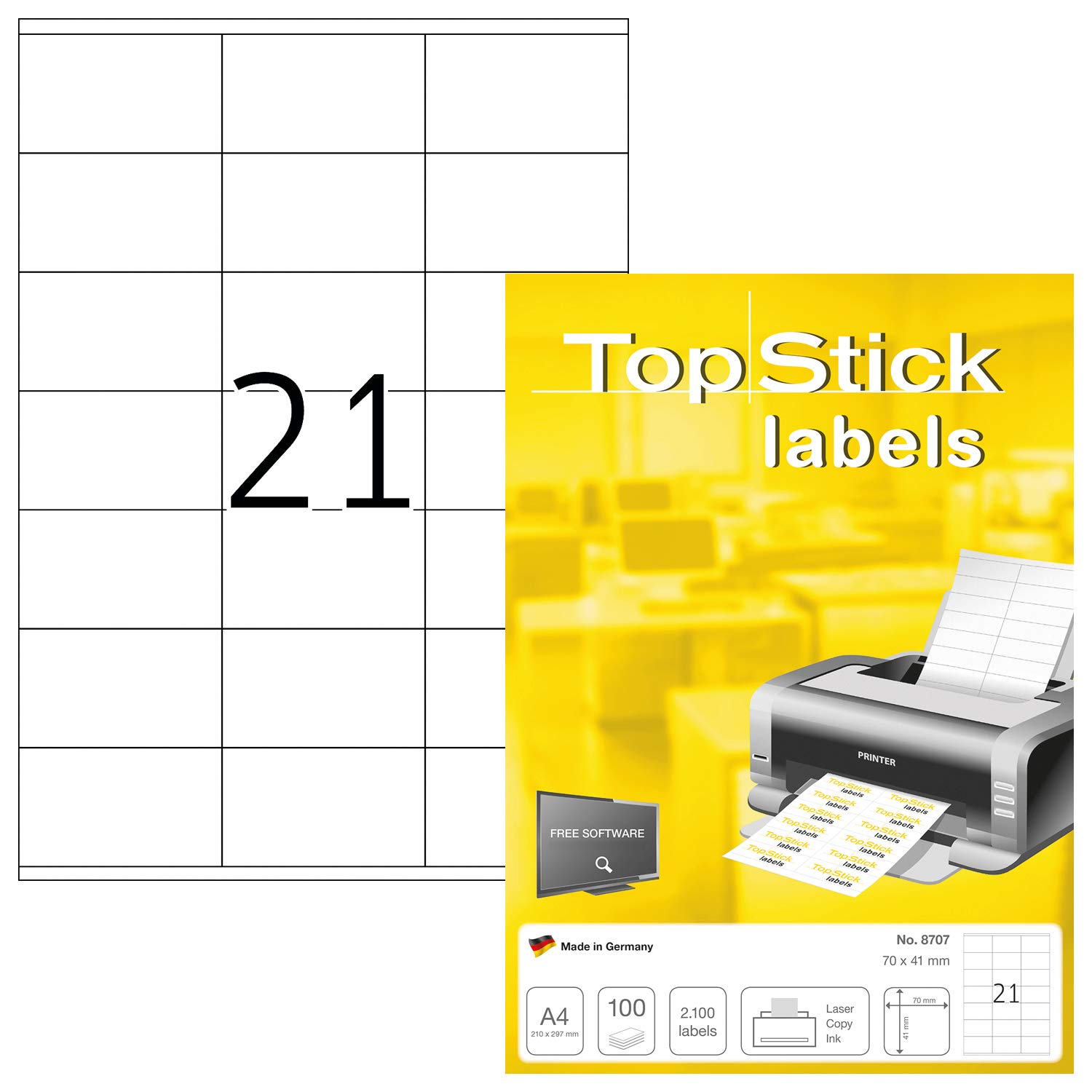 TopStick 8707 Etykiety adresowe, 21 etykiet na arkusz A4, 70 x 41 mm, 21000 etykiet, samoprzylepne, naklejki do drukarek laserowych i atramentowych, białe