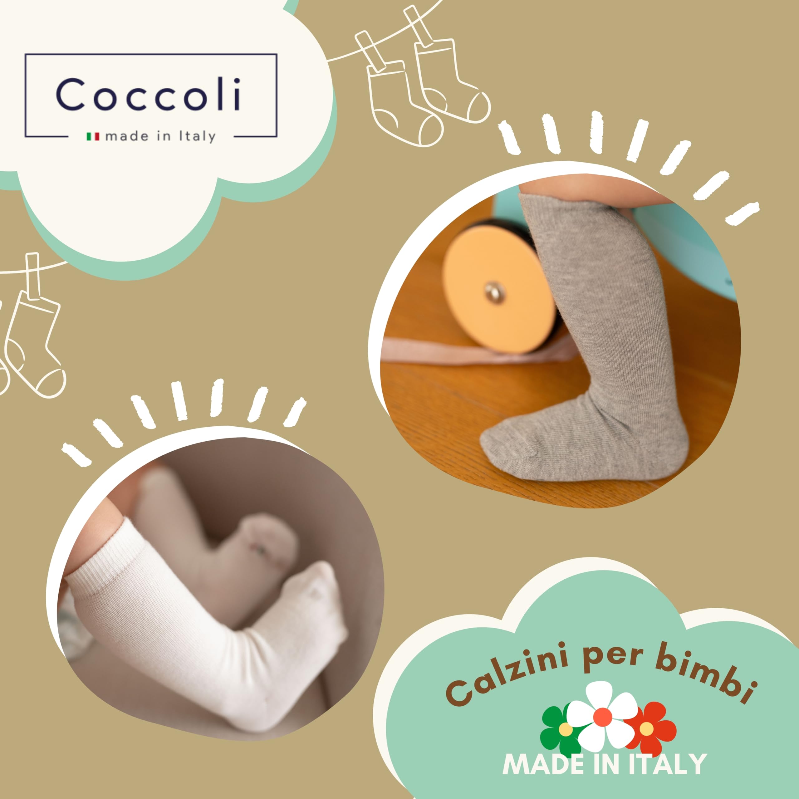 Coccoli | 4 Paia di Calzini Lunghi Neonato in Morbido Cotone Elasticizzato a Tinta Unita, Made in Italy