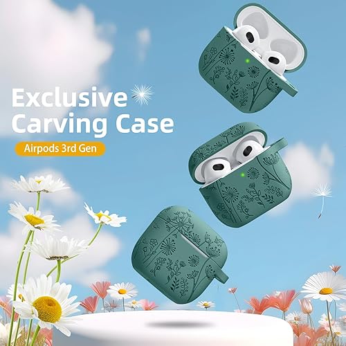 Miniatura 3 de Lerobo Funda para AirPod de 3 generación con accesorios para llavero, funda de silicona con grabado de flores para Apple AirPod de 3 generación,