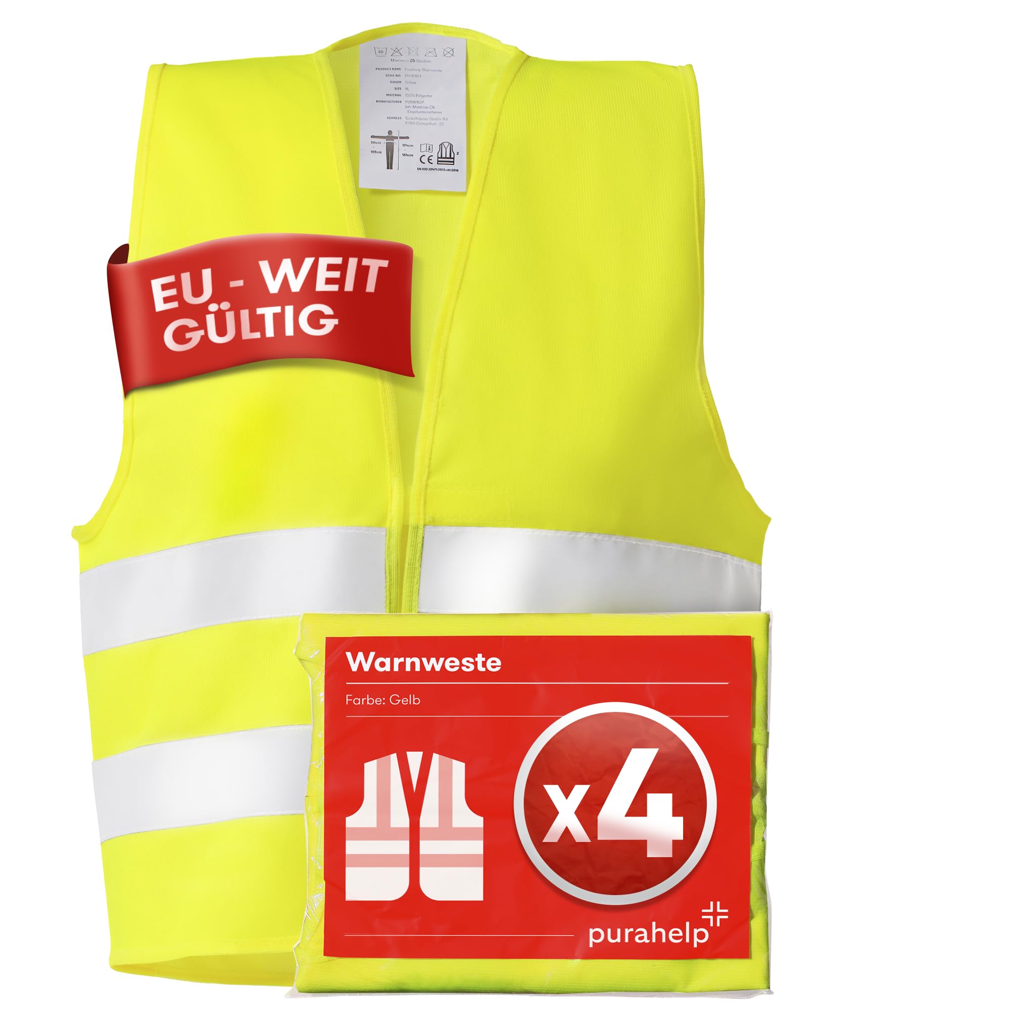 PURAHELP Warnwesten 4er Set Gelb - EN ISO 20471 Zertifiziert Für Auto & Beruf
