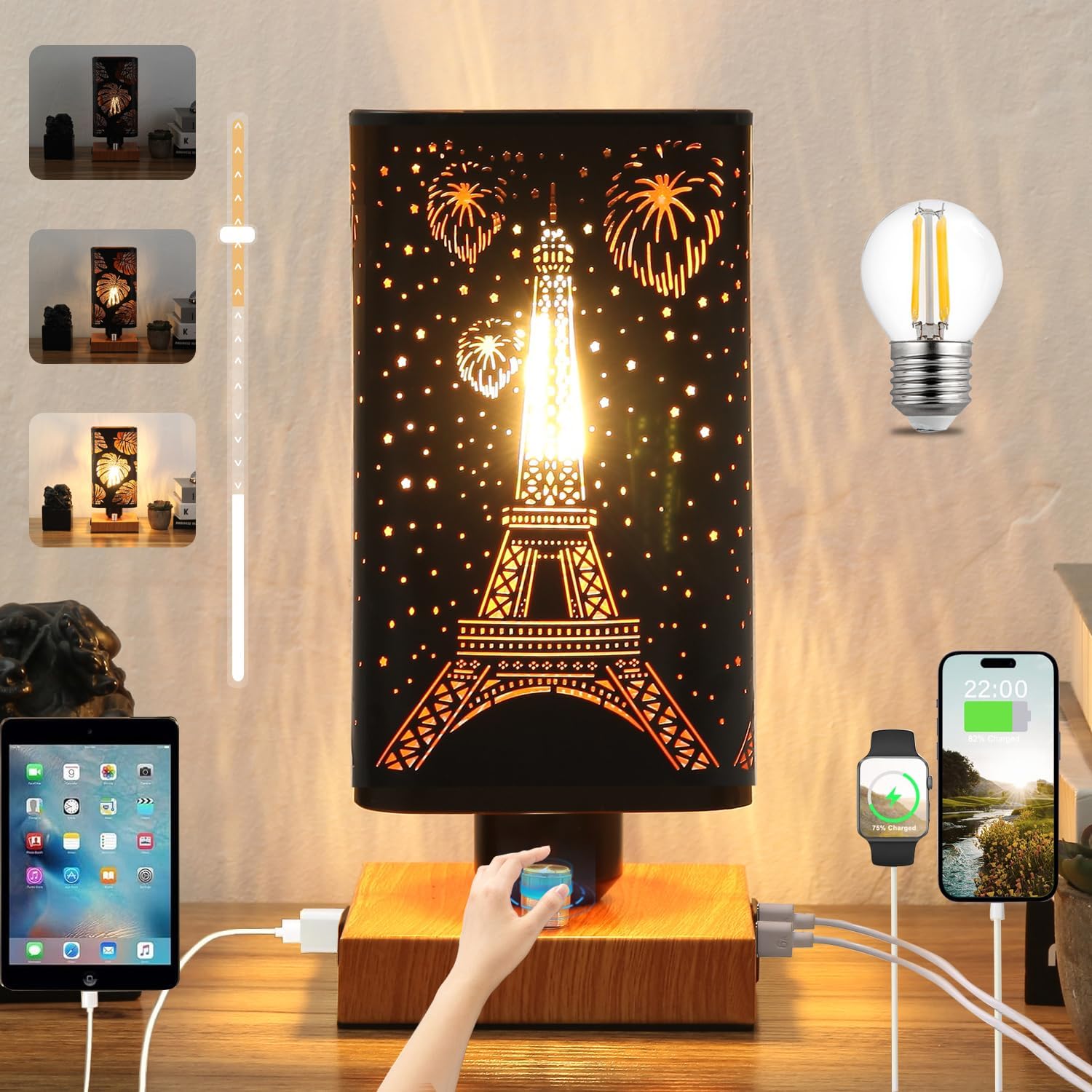 Industrial Table Lamp with USB Ports and Outlet, Rustic Dimmable Bedside lamp with Charging Station, Metal Square Shadow Nightstand Lamp, Night Light for Kids Bedroom Living Room End Tables