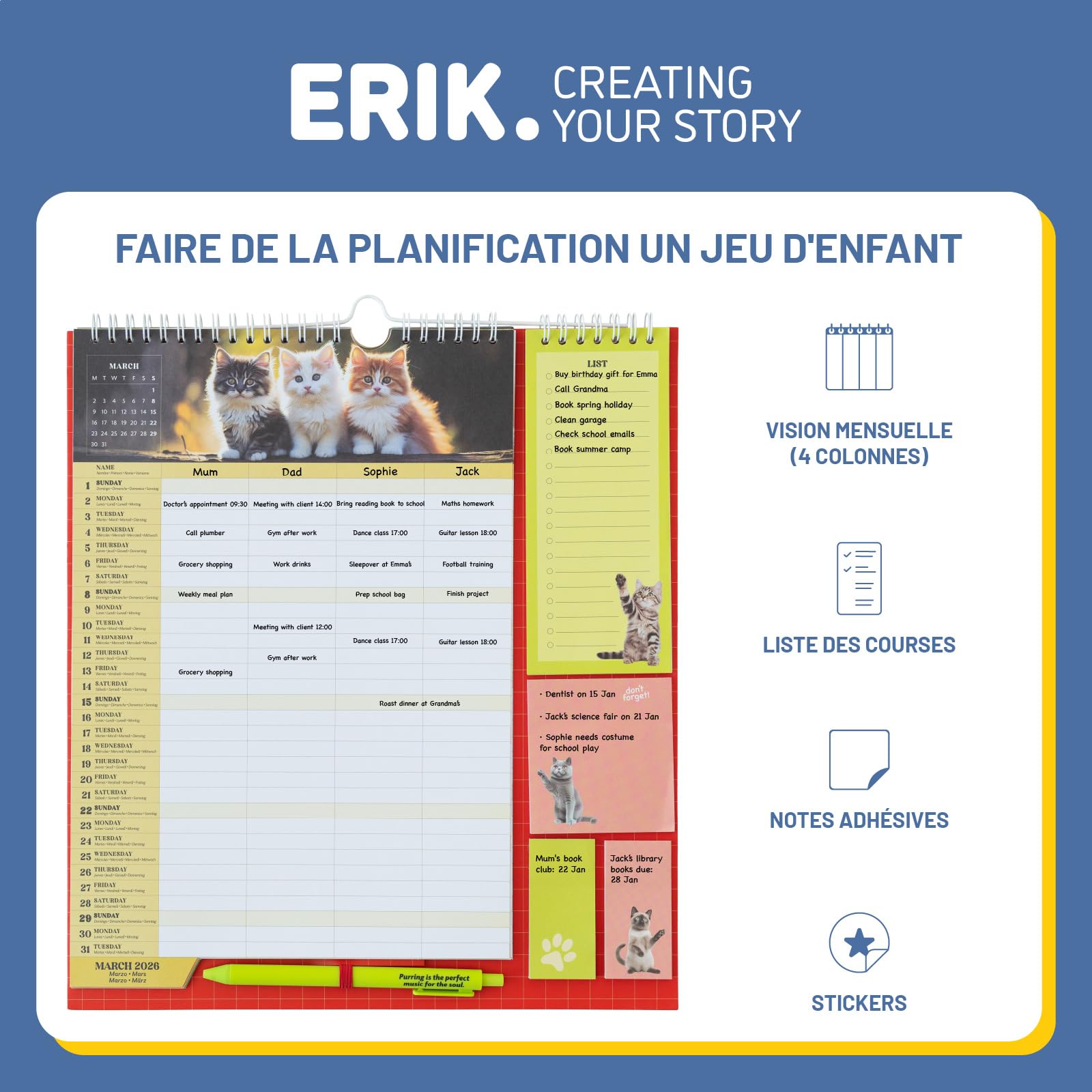 Calendrier Chats 2025 2026 16 mois Planificateur Mensuel Familial Grupo Erik