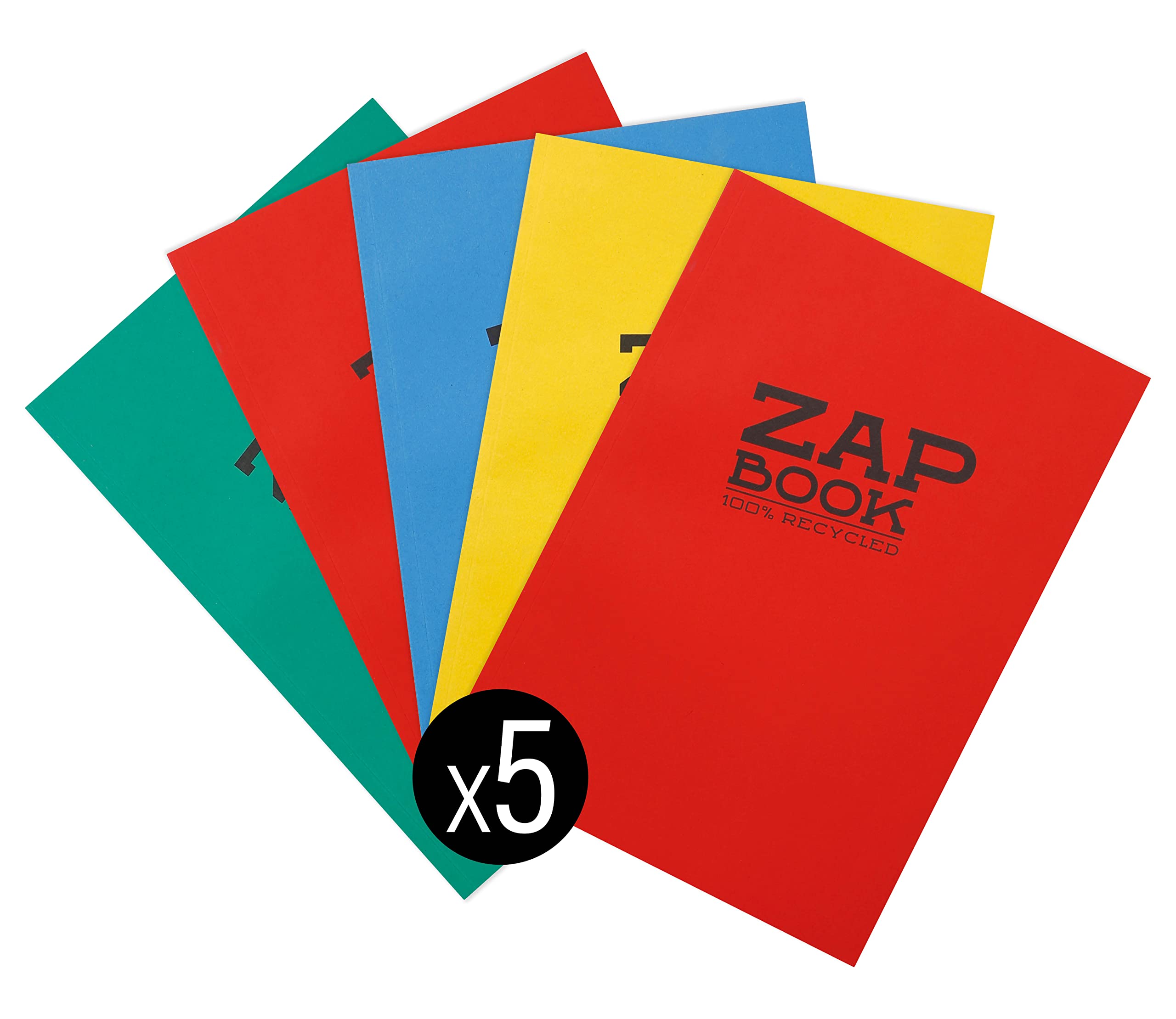 Clairefontaine 3354Cpack - Carnet Encollé Zap Book - 160 Feuilles Papier Croquis 100% Recyclé - A4 21x29,7 cm 80g - Couleur de Couverture Aléatoire - Paquet de 5 Carnets