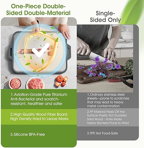 Miniatura 5 de Tabla de cortar de titanio para cocina, tabla de cortar de titanio puro de doble cara y fibra de madera con ranura para jugo, material de grado