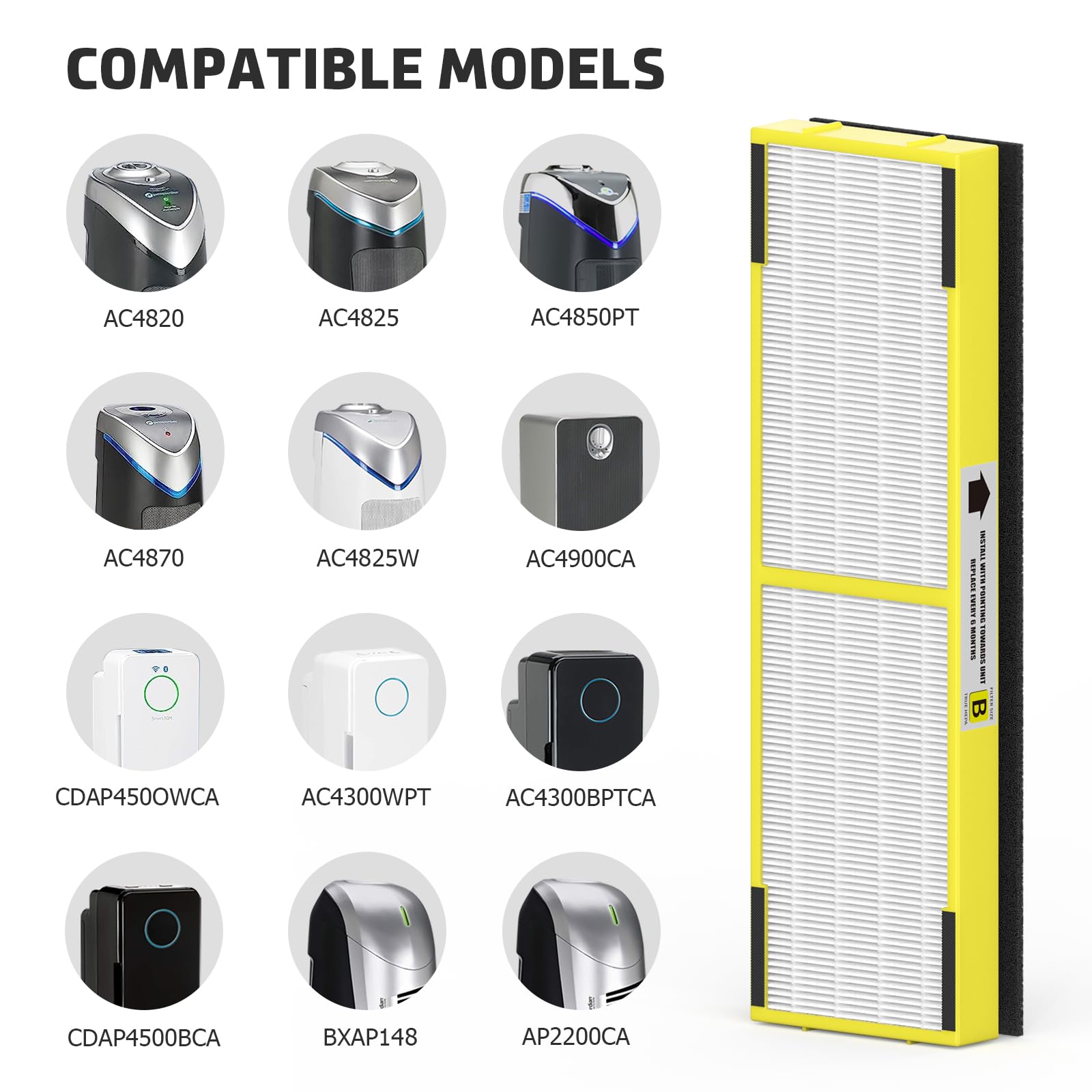 Paquete de 4 filtros de repuesto HEPA FLT4825 B compatibles con purificador de aire Germ-Guardian AC4825 AC4300 AC4800 AC4900 AC4850, paquete de 4 filtros HEPA B con 8 filtros de carbono