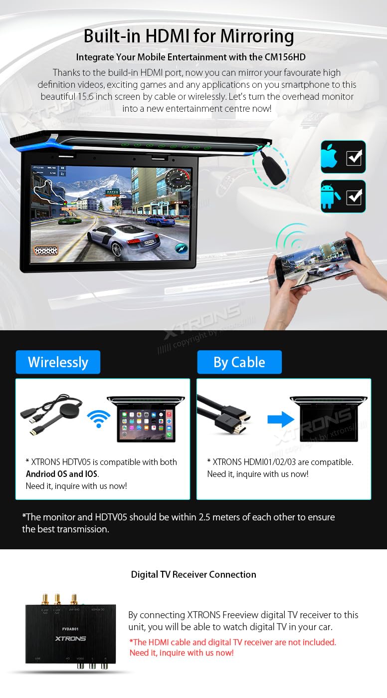 XTRONS 15,6“ Digital TFT 16:9 FHD Bildschirm für Auto Bus unterstützt 1080P Video Auto Overhead Player Auto Monitor mit HDMI Port Automosphäre LED Licht Windows CE für Urlaub