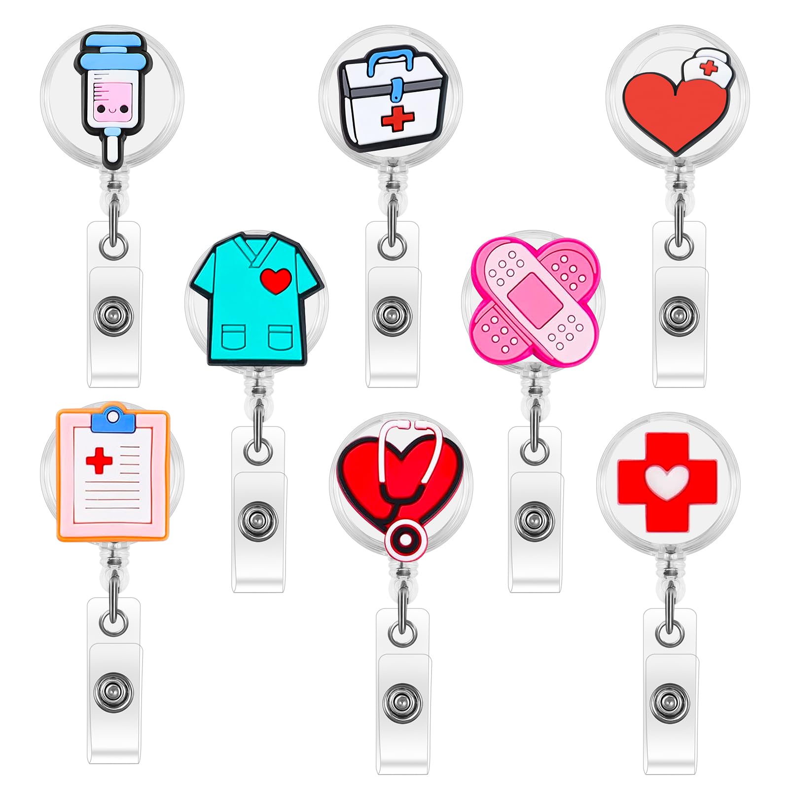 GAQWOK 8 Pack Nurse Badge Reels - Retractable Badge Holders, Medical Badge Reel, Funny Badge Reel Nurse, ID Badge Holders Retractable, Clips for