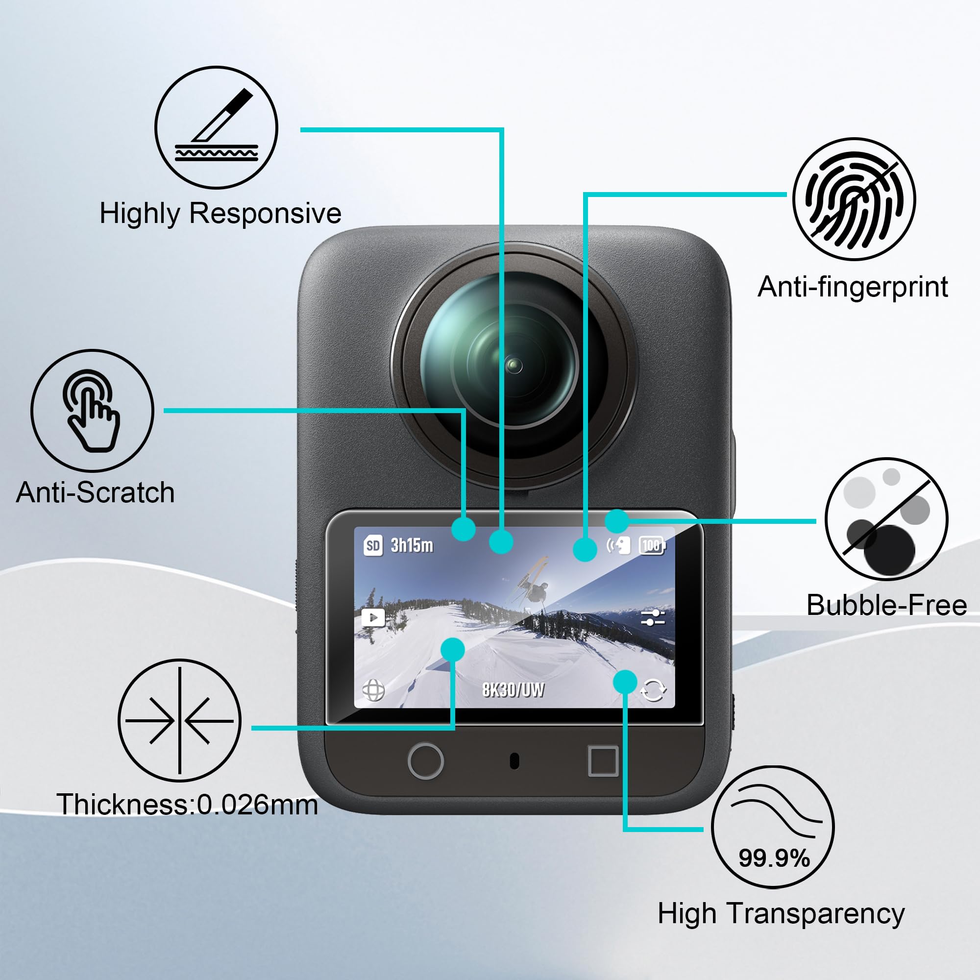 3 Pezzi Vetro Temperato per DJI Osmo 360 Pellicola Protettiva Senza Bolle, Senza Bolle, 9H Durezza, Anti Graffi, Anti-Impronte