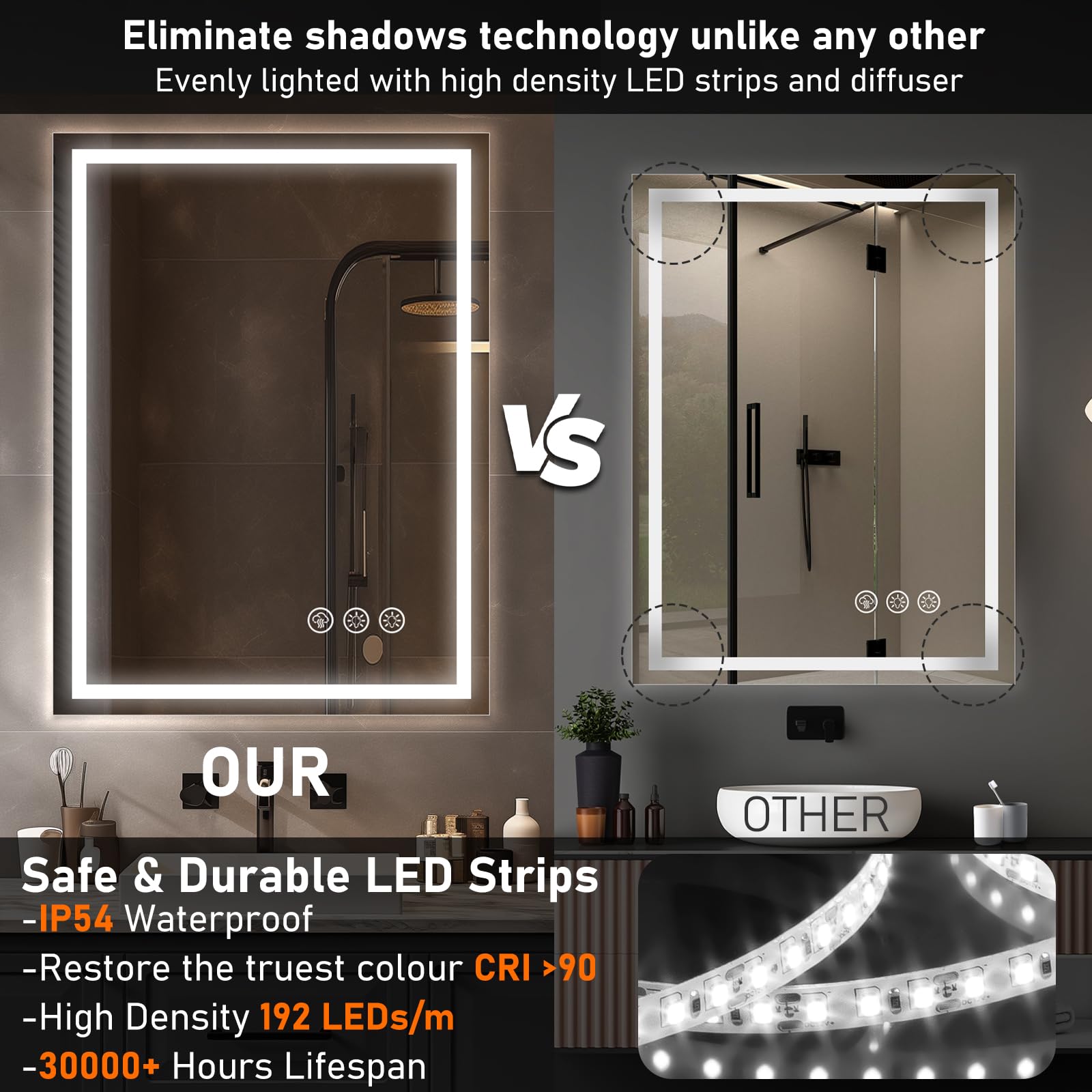 Badspiegel mit Beleuchtung LED, 60x80cm Spiegel mit Light, Wandspiegel mit Frontbeleuchtung, Antibeschlagfunktion, Dimmbar, mit 3 Einstellbaren Lichtfarben