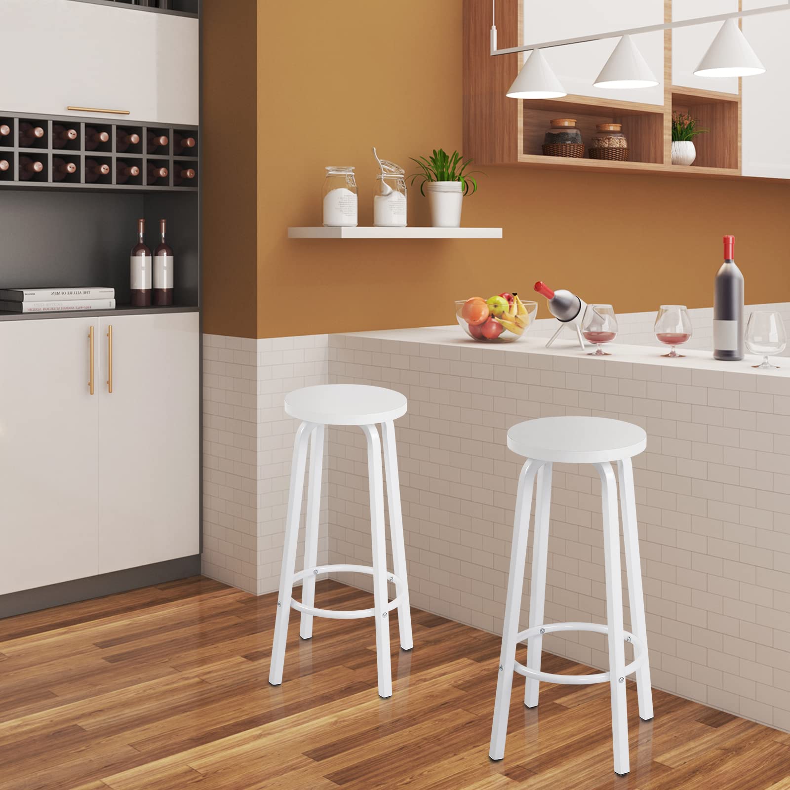 WOLTU Sgabelli da Bar Set di 4, Sgabello Alti 72cm con Poggiapiedi Seduta Tonda Alta Sedia per Cucina Ristorante in Acciaio e Legno Bianco