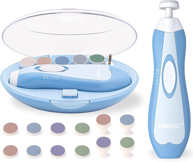 Fansidi Baby Nail Trimmer Electric, Easy & Safe Nail File for Newborn to Toddler, Whisper-Quiet Nighttime Use, Precise 4-Stage Grinding Heads, LED Light, 18-Pcs Kit, Dreamy Sky Blue, Baby Shower Gift