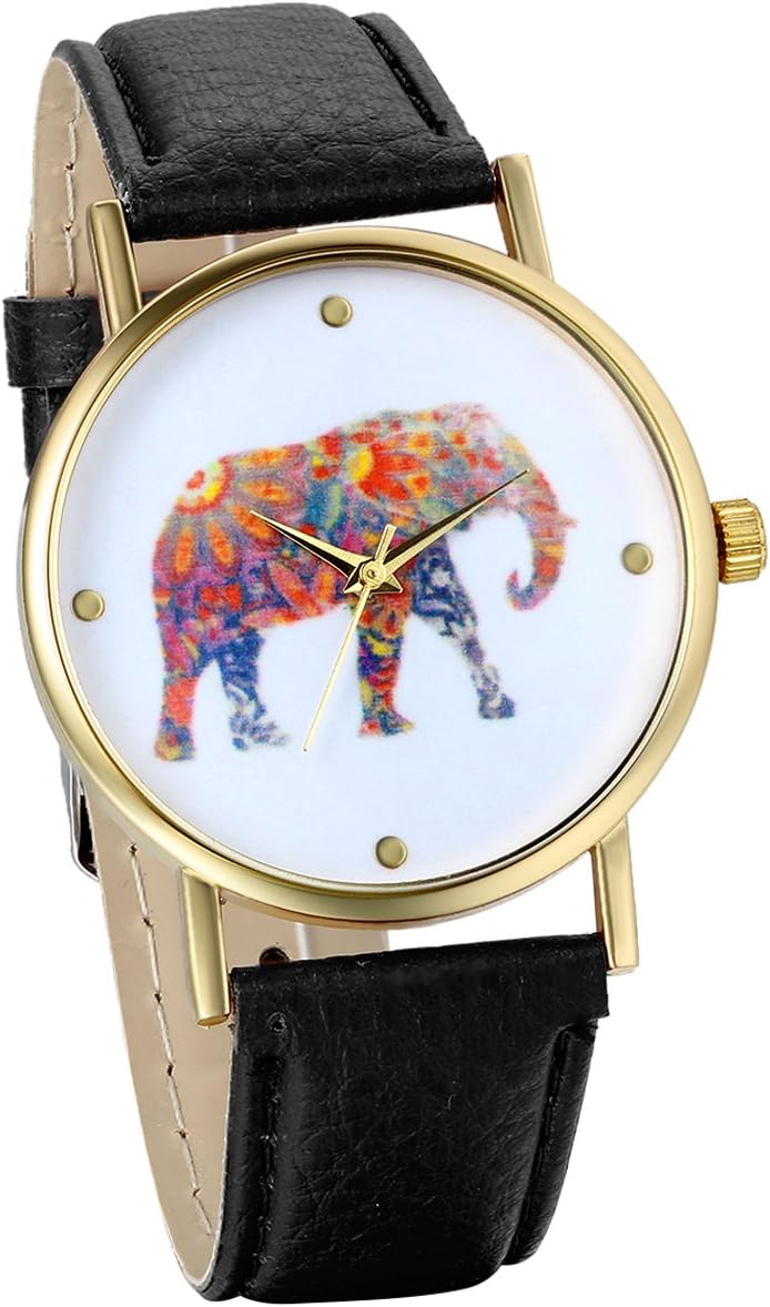 JewelryWeWomen's Colorful Elephant Print Gold Tone Dial Leather Quartz Wrist Watch for Ladies Girls