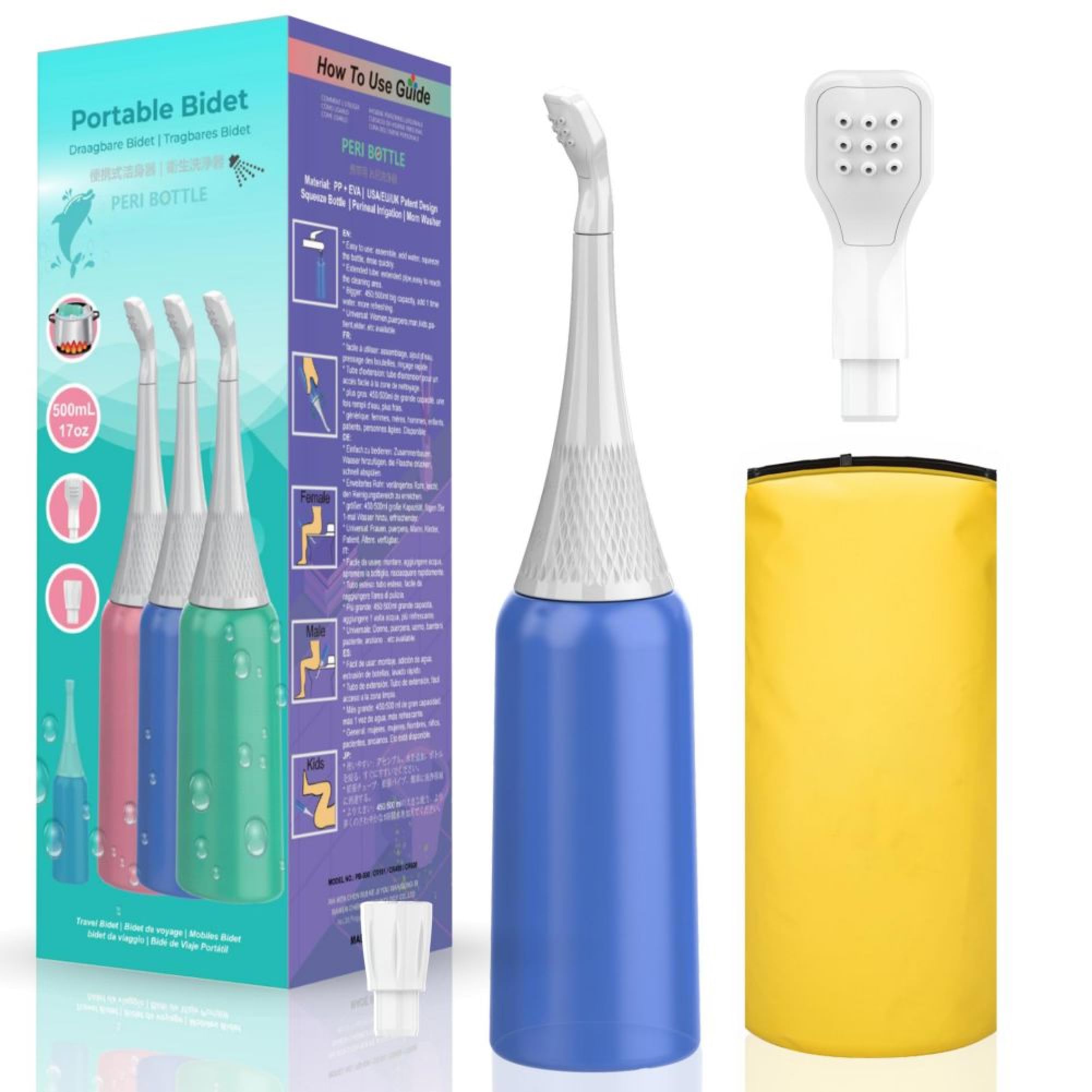 Balin Premium Travel Bidet 500ml - Portable Bidet Blue Color - The Easy Travel Bedit Replaces Wet Wipes & Save Water -Sprayer-Upside Down Squeeze Flusher - Portable for Travel