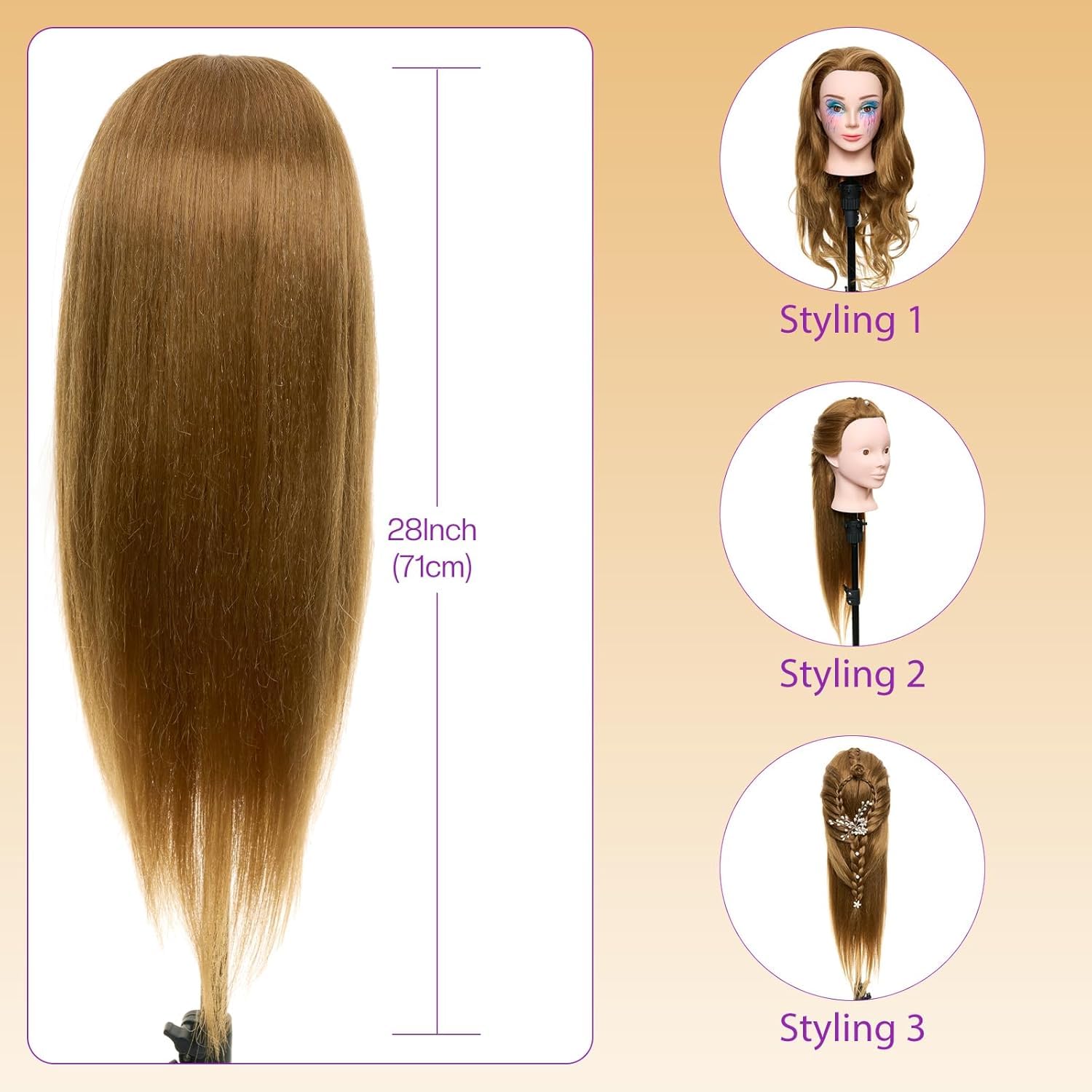 Neverland 24 Zoll Schminkkopf Frisierkopf mit Ständer 80% Echthaar Übungskopf Trainingsköpfe Friseurkopf mit Halter + Hair Styling Braid Set
