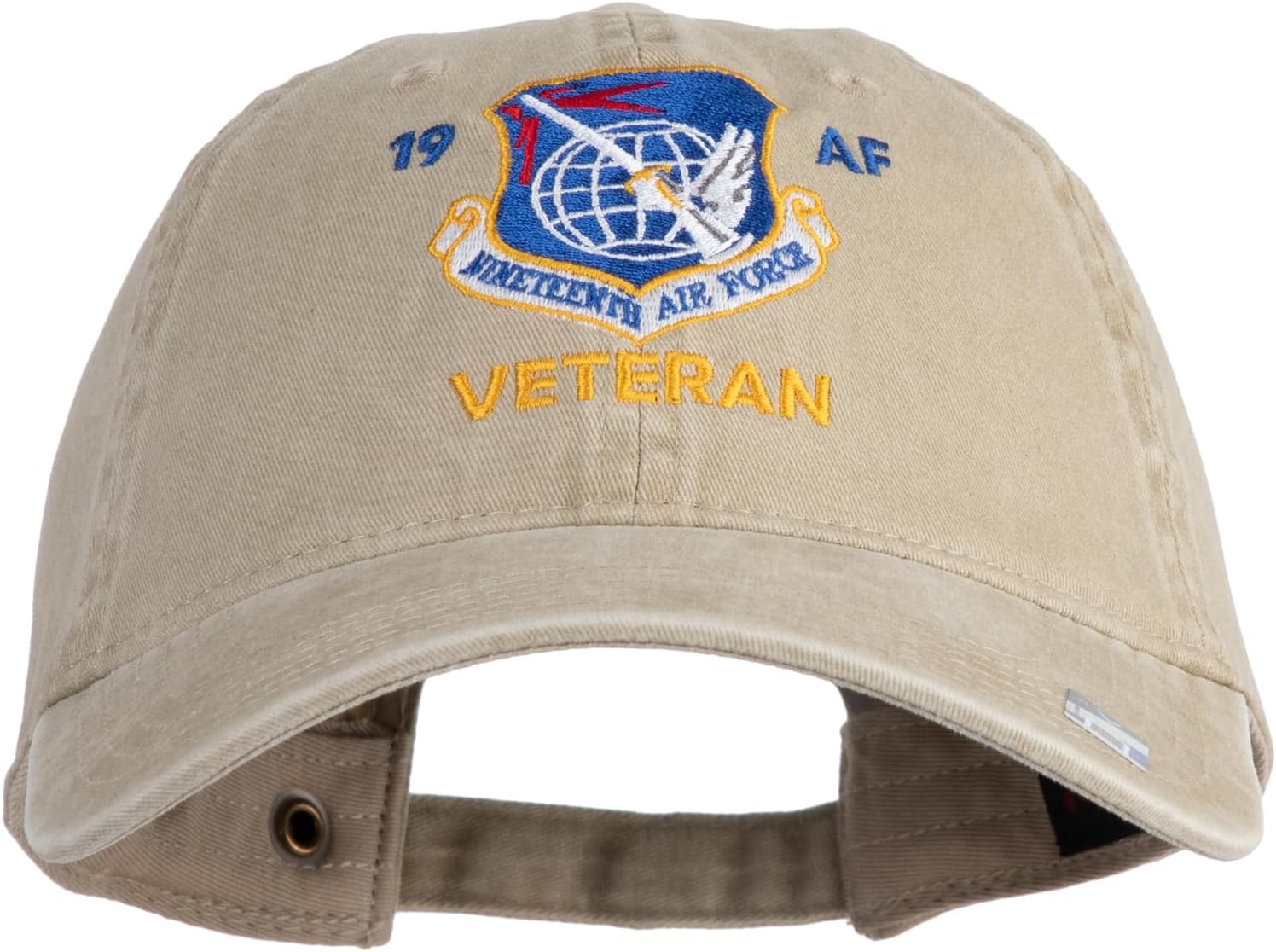 e4Hats.com 19 AF Nineteenth Air Force Veteran Embroidered Washed Solid Pigment Dyed Cotton Twill Brass Buckle Cap