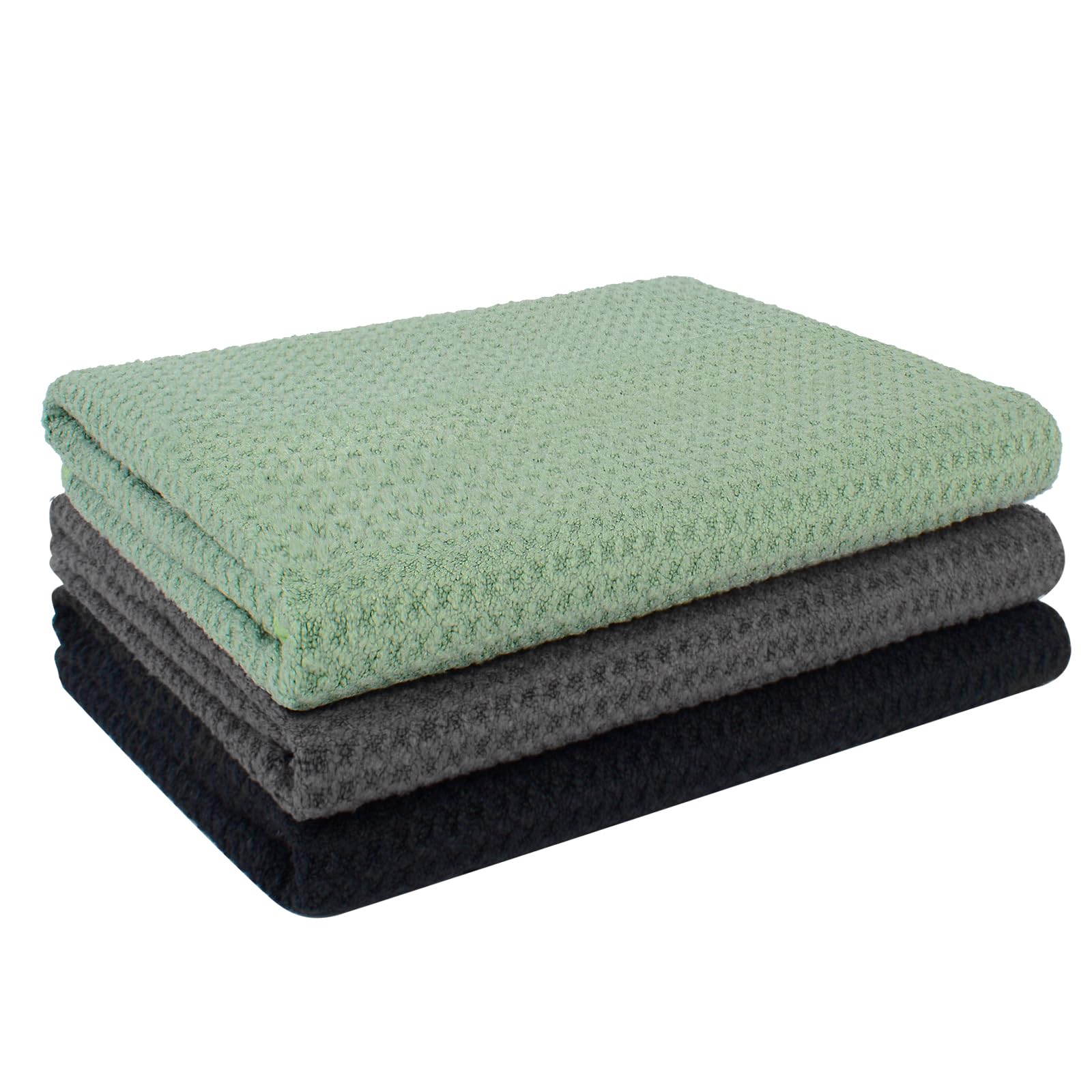 VIVOTE Microfibre Tea Towels, Barista Cloths, Soft & Absorbent Quick-Drying Waffle Weave Tea Towels for Kitchen, Durable Lint-Free Kitchen Towel, 40x56cm, 3 Pieces (Sage Green, Grey and Black)