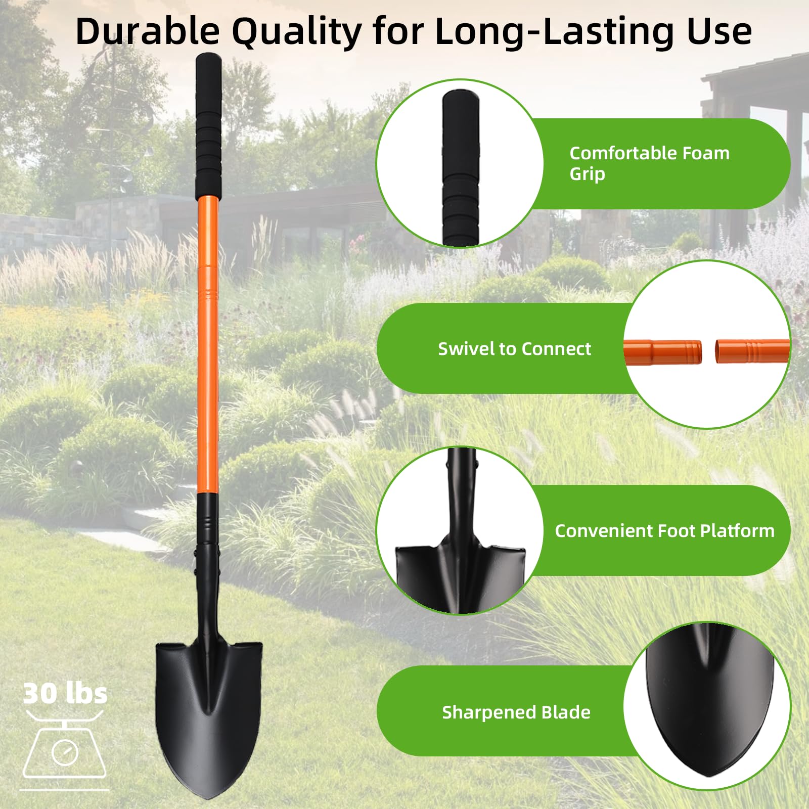 Pala de 43.7 pulgadas con mango de acero resistente, herramientas de jardín, pala pequeña para excavar, jardinería, camping, patio, coche, color naranja