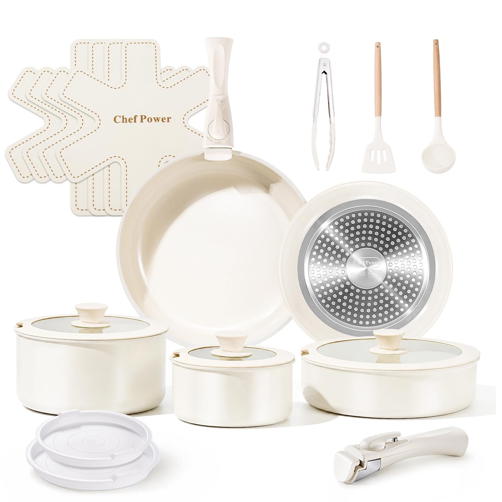 Chef Power 19-teilig Pfannenset Topfset mit abnehmbaren Griffen, Titan-Keramik-Antihaft Kochgeschirr Set, Pfanne 24/28cm, Schmorpfanne 26cm, Töpfe 16/20cm, für alle Herdarten, backofenfest, Weiß