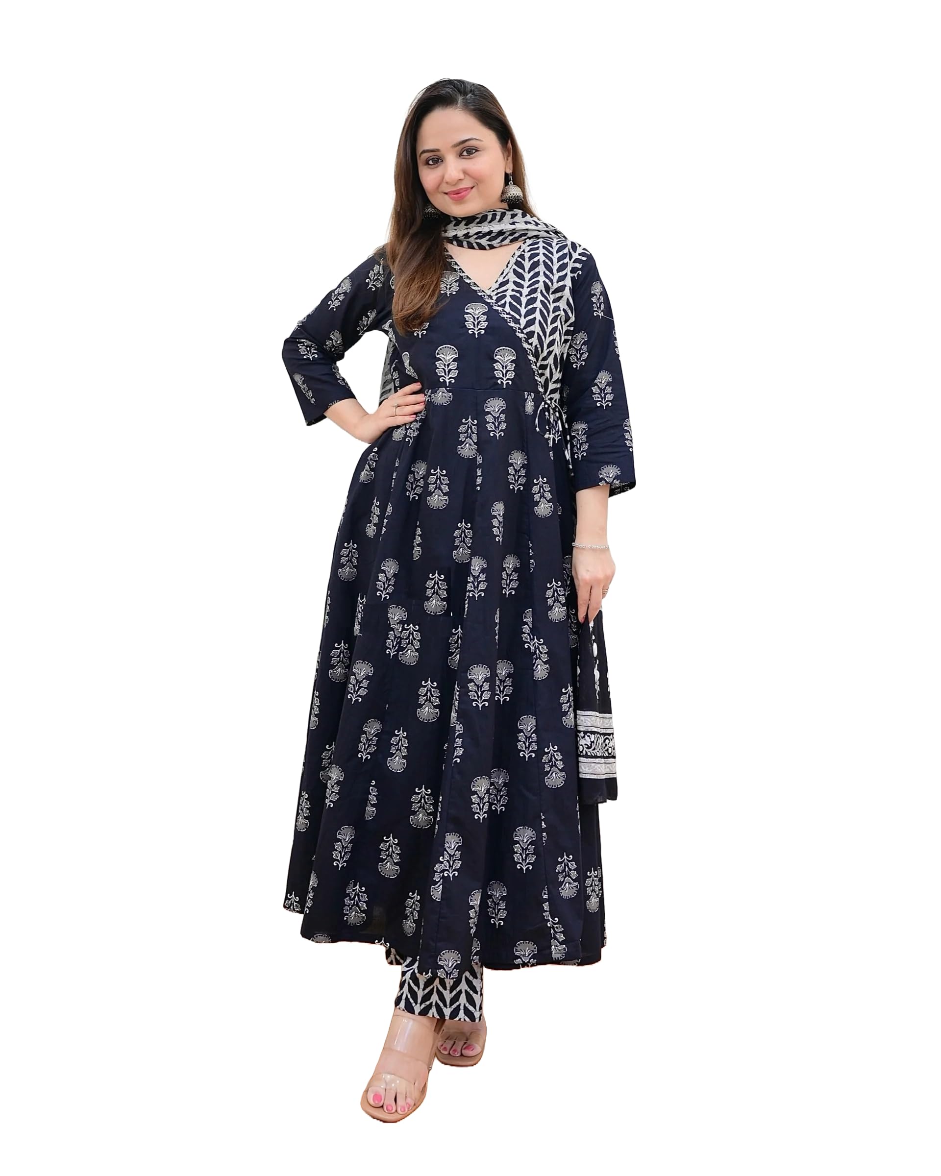 KLOSIAWomen's Viscose Block Printed Anagarakha Kurta Set With Dupatta