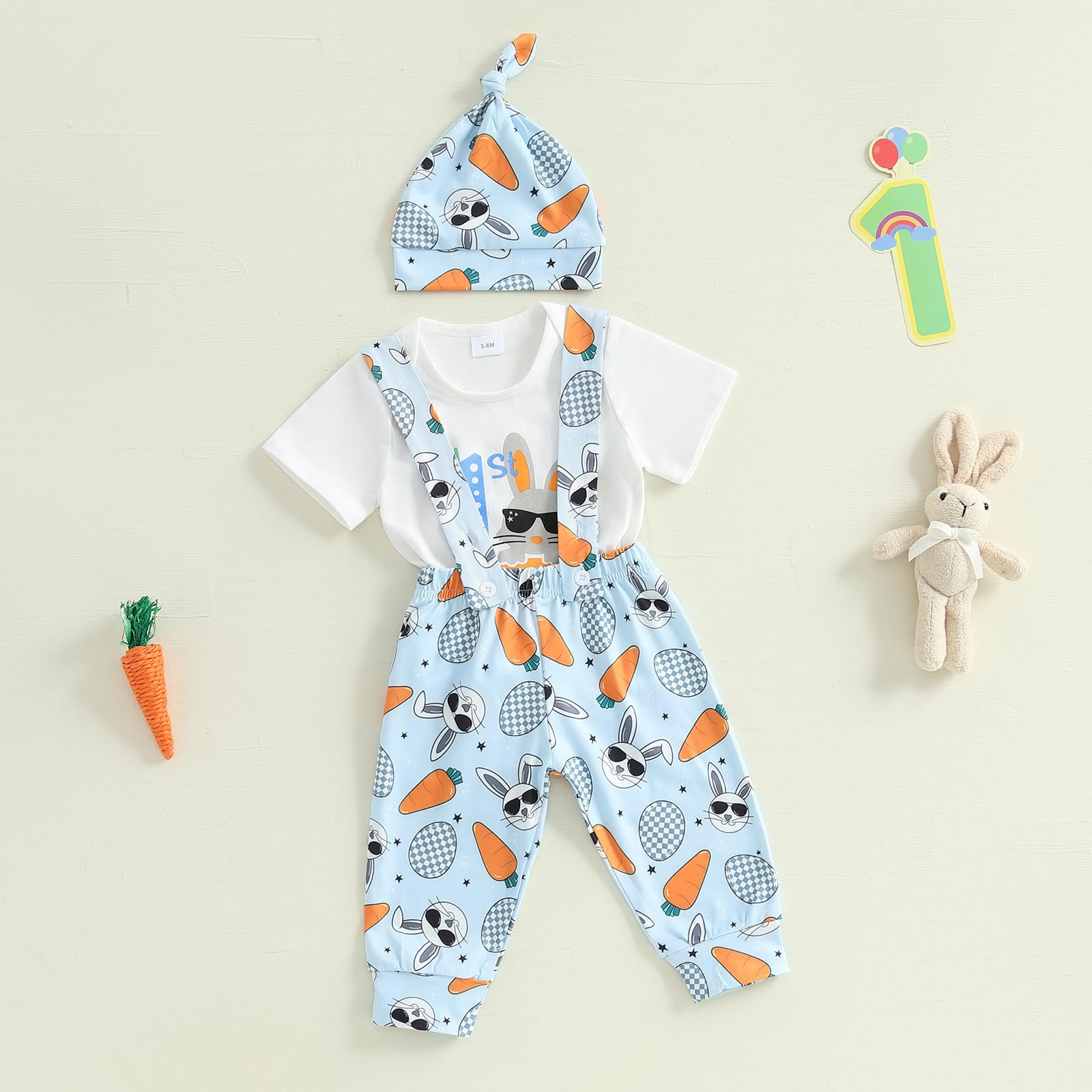 HYADRBLEBY My First Easter Baby Boy Outfit Newbon Infant Bunny Outfits Long Sleeve 1st Easter Romper+Egg Carrots Overall Pants+Hats 3Pcs Boy Baby Clothes(Egg Carrots, 9-12 Months)