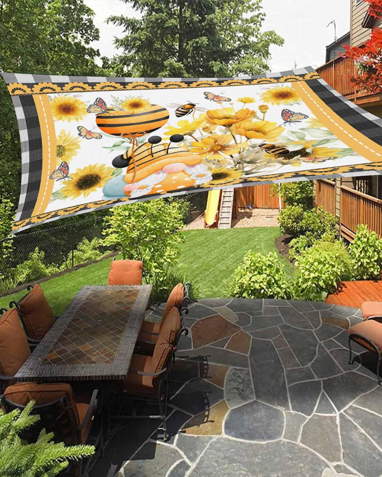 Boanket Sun Shade Sail 14' x 18', Sunflower Gnomes Large Heavy Duty Outdoor Shades Sun Screen, Black Plaid Summer Bee Floral Shade Cloth for Patio Deck Terrace Garden Lawns Beach Backyard