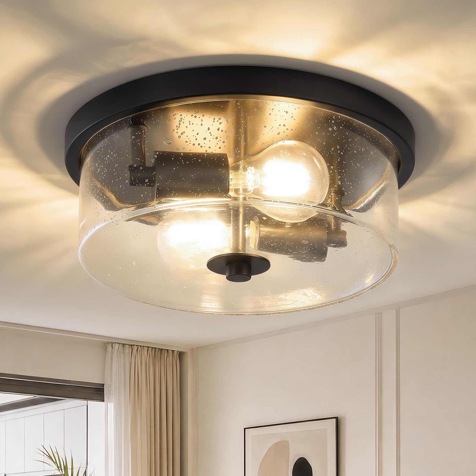 11.02In Industrial Clear Bubble Glass Ceiling Lights with Black Metal Base