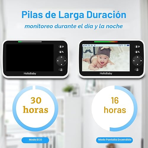 Miniatura 3 de HelloBaby Monitor de Bebé Mejorado de 5'' con Batería de 30 Horas, 2 Cámaras Pan-Tilt-Zoom, Rango de 1000 pies Monitor de Video y Audio para Bebé