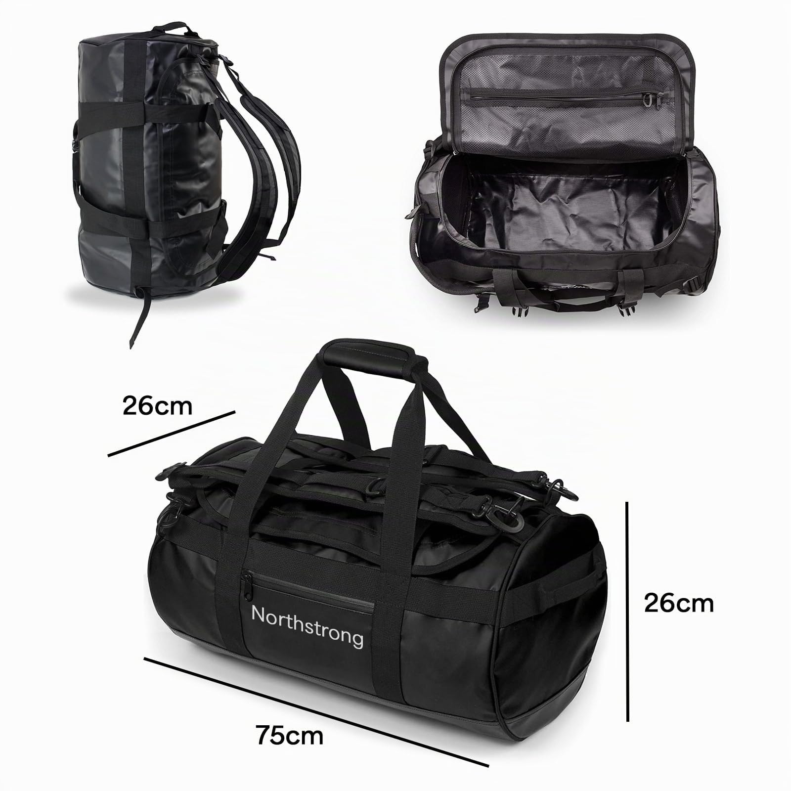 Northstrong Sac Imperméable – Duffle Bag avec Compartiments Séparés – Capacité 60L & PVC 500D Résistant – Sac à Dos avec Bretelles Réglables – pour Sports Nautiques, Outdoor & Voyage – Noir