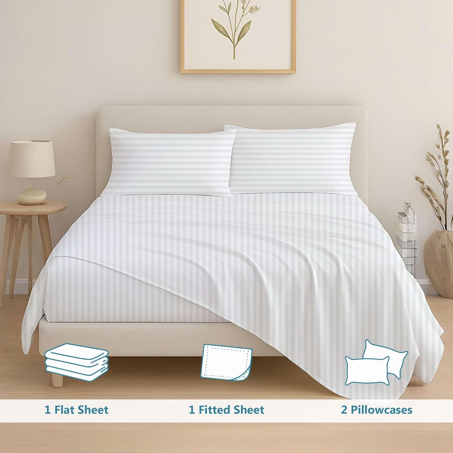Cotton Bed Sheets - 100% Cotton - 500 Thread Count - 4-8 Inch Deep Pocket Fitted Sheet with Elastic All Around- Soft & Luxurious Hotel Quality Sheets(White Stripe - Full)