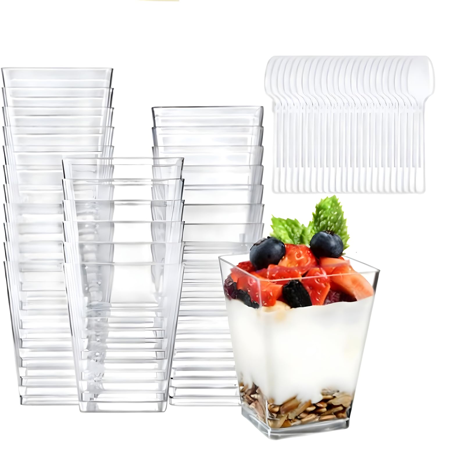 50 Pezzi Coppe da Dessert in Plastica Riutilizzabile, 160ml Tazze Quadrate Trasparenti con Forchette per Semifreddo, Antipasto - Scatole Portata Sicure senza BPA per Feste, Casa