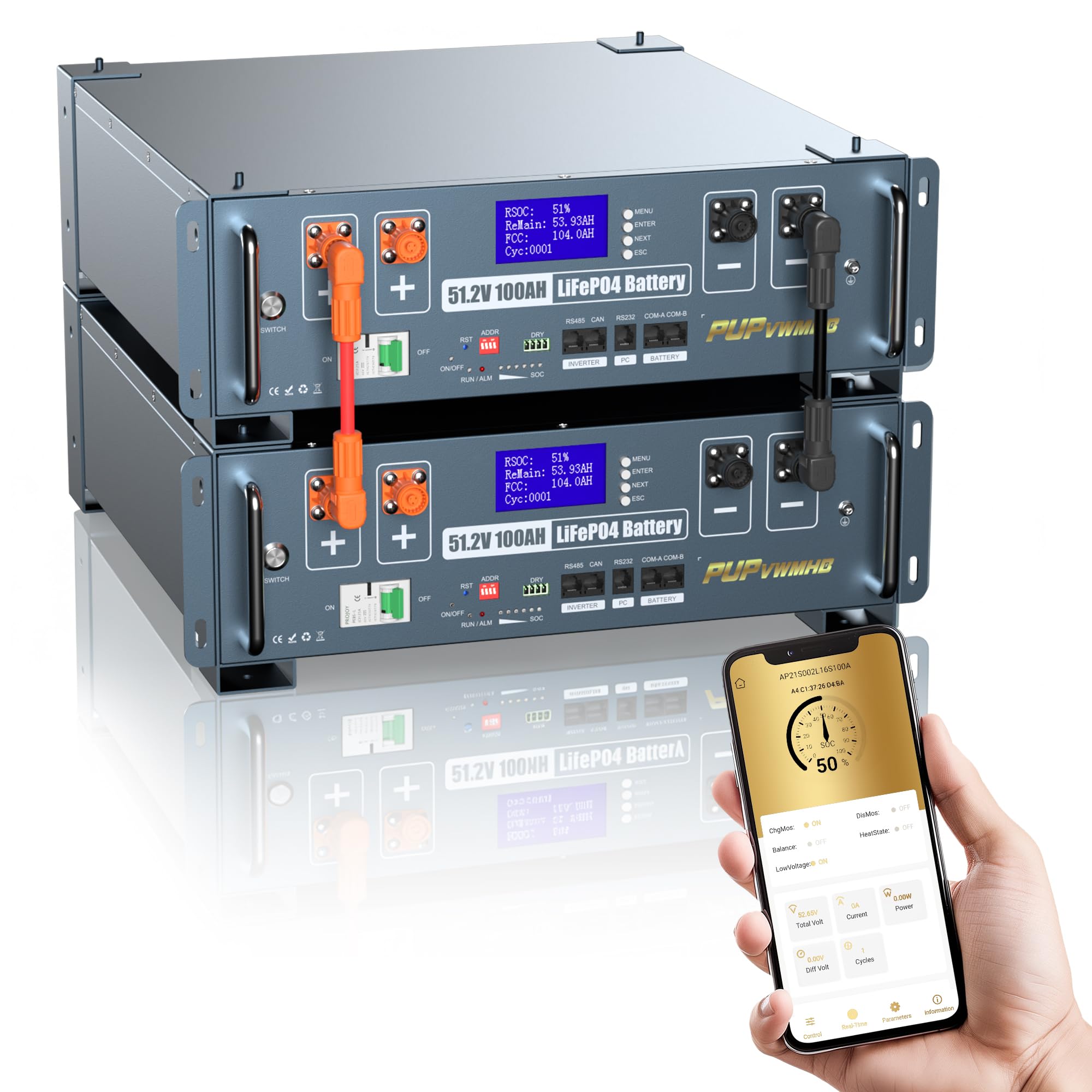 Batteria Server Rack LiFePO4 48V 200Ah (10240Wh), 2 unità. Include: BMS 100A, WiFi/Bluetooth, soppressione incendi automatica, kit rack 3U. Ideale per accumulo solare e backup domestico.