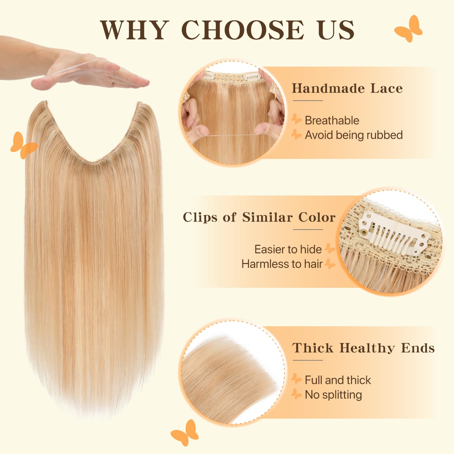 TESS Halo & Clip in Hair Extension 100% Real Human Hair Wig One Piece Adjustable Invisible Transparent Wire with 2 Secure Clips for Women UK #18P613 Ash Blonde & Bleach Blonde #20 inch - Image 3