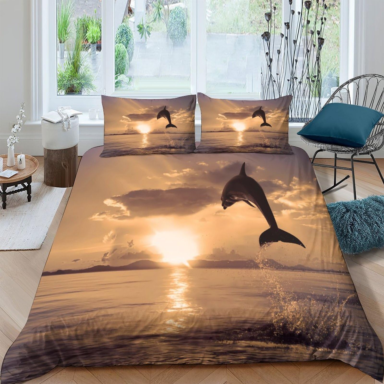 Ctjqhvkz Style-7 3D Printed Sunset Dolphin Fitted Sheet Microfiber Soft Mattress Cover For Bedroom Decor Adult Teen Dorm Protection Single（135X200cm）