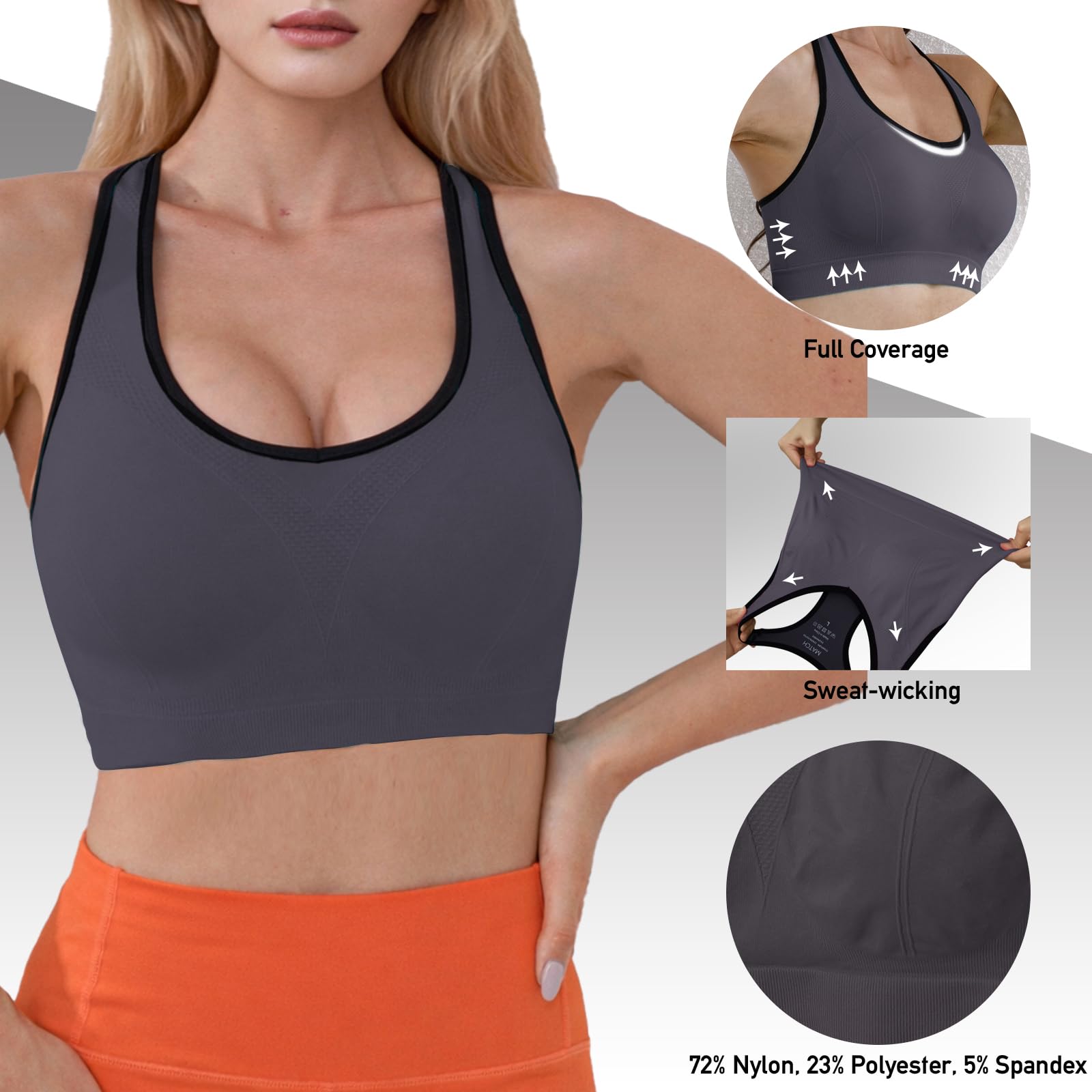 Match Sujetadores deportivos con espalda cruzada para mujer, sin costuras, con tirantes delgados, para yoga, gimnasio, correr, fitness, sujetadores deportivos