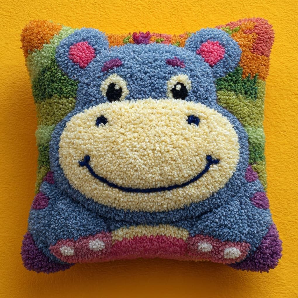 WallustrioaW Latch Hook Kits Pillow for Adults,Cartoon Hippo