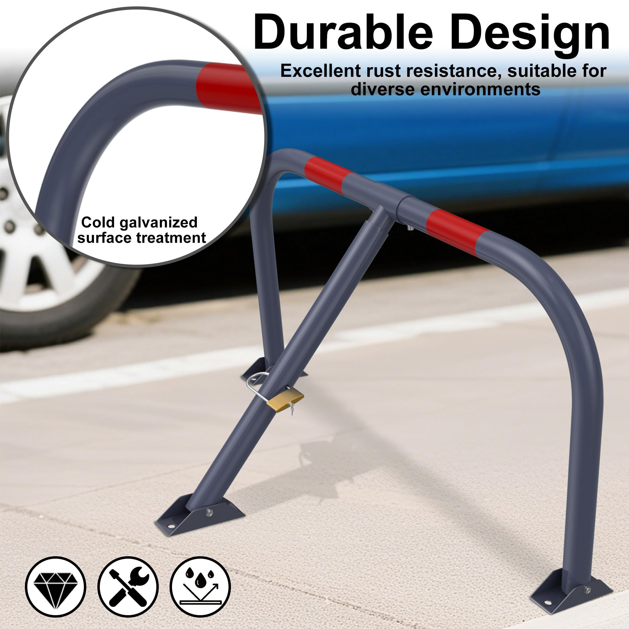 LZQ Lot de 2 barrières de parking pliables avec kit de montage, serrure et 3 clés, barrières de parking avec tube en acier de 35 mm de diamètre et douille Ø 40 mm, galvanisé à froid, plaque de sol de