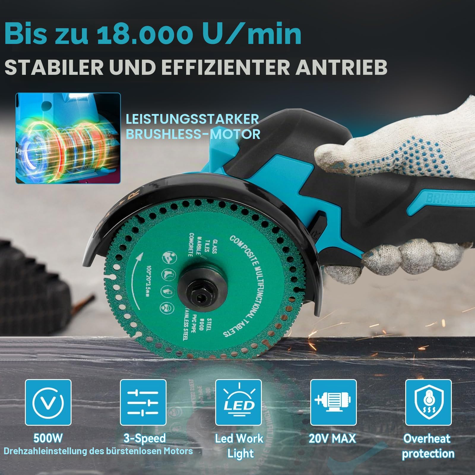 Akku-Winkelschleifer für Makita 18 V, bürstenloser Mini-Winkelschleifer, 18000 U/min, 100 mm, kleines Trennwerkzeug mit 4 Scheiben zum Schneiden, Polieren, Schleifen (für Makita, 100 mm)