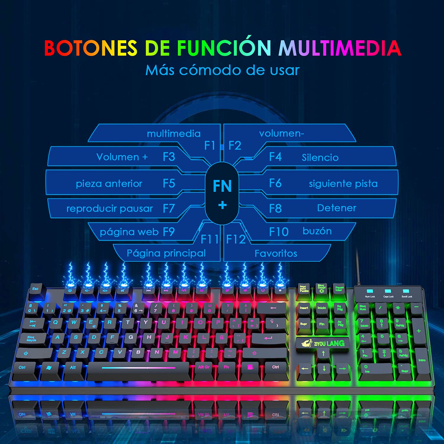 ZIYOU LANG T13 [Español QWERTY] Teclado y Raton Gaming Rainbow LED 104 Teclas para Teclado Mecanico Sentir Gamer 2400 dpi Retroiluminado Raton con Alfombrilla para PS5 PC Laptop Mac - Negro