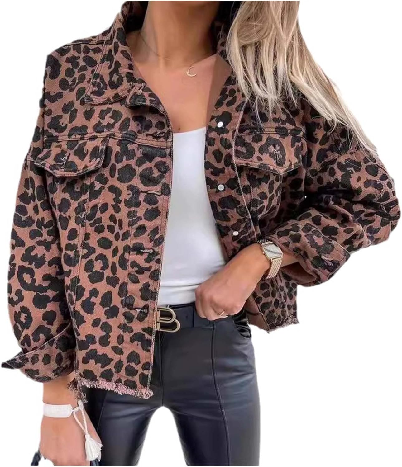 xxxiticat Women's Leopard Print Denim Jacket Long Sleeve Animal Printed Raw Hem Button Down Cropped Jean Coat Outerwear