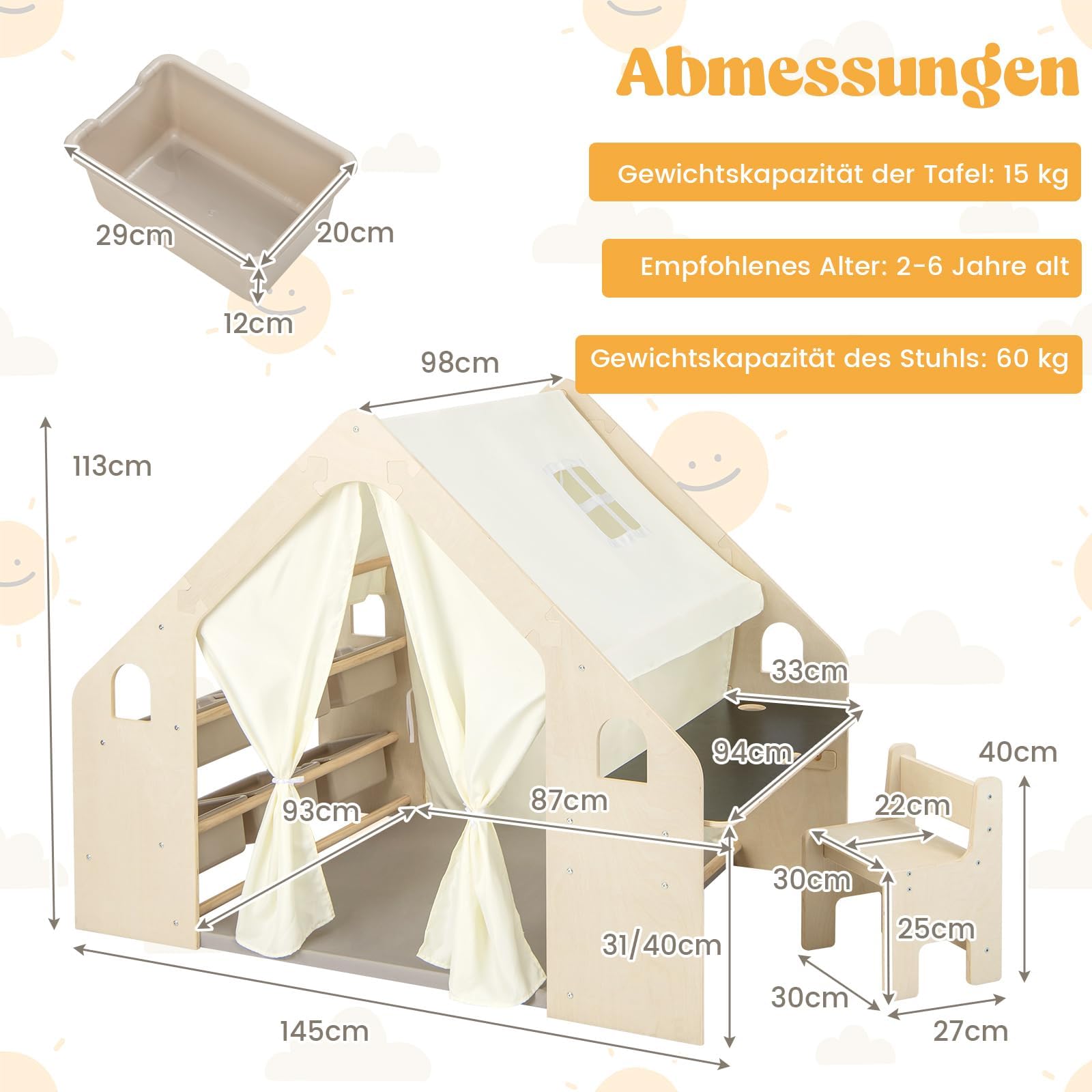 DREAMADE Kinderzelt für Drinnen mit Matte und Kindertisch & Stuhl Set und Aufbewahtungsbox, Spielzelt Kinderspielhaus, Indoor Spielhaus aus Holz für Kinder ab 2 Jahren (Groß mit 6 Boxen)
