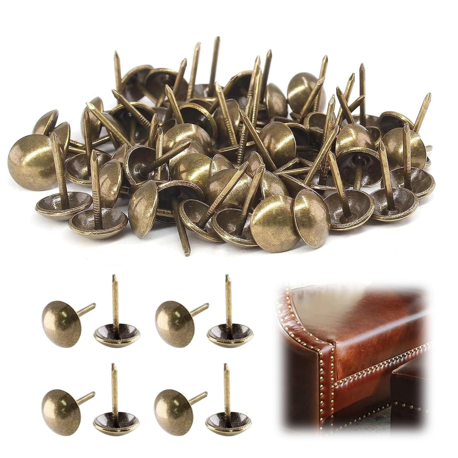 Znfdos Gold Upholstery Tacks, 200 Pcs Antique Bronze Decorative Thumb Tacks Furniture Push Nail Pins, Upholstery Tacks Push Nail Pins For Craft Home Decor (11 * 17Mm）