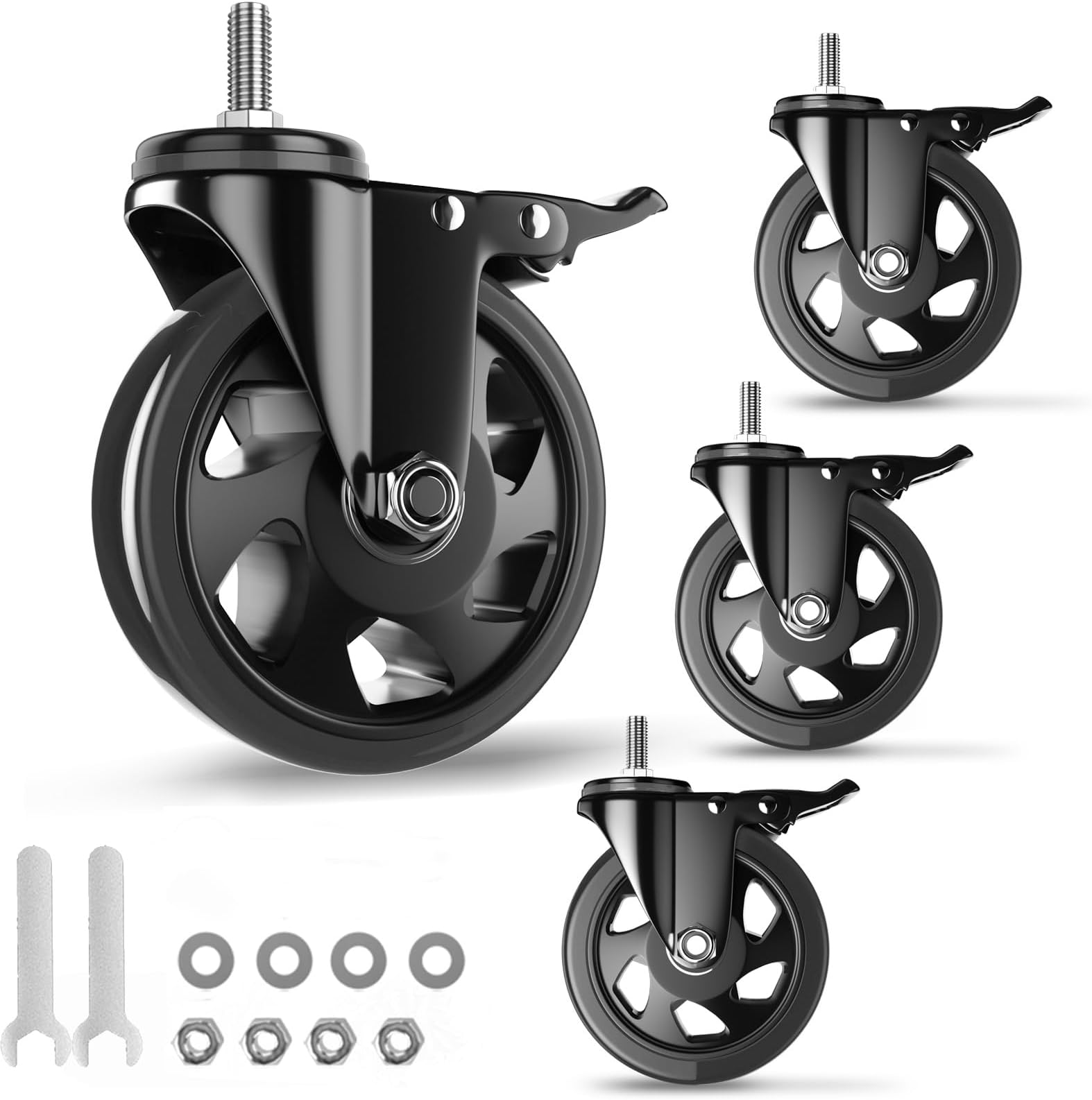 5 Inch Stem Caster Wheels Heavy Duty, Threaded Stem Casters Set of 4, Cart Wheels 1/2"-13 x 1" (Screw Diameter 1/2", Stem Length 1"), Safety Dual Locking Industrial Casters, Cart Wheels for Furniture