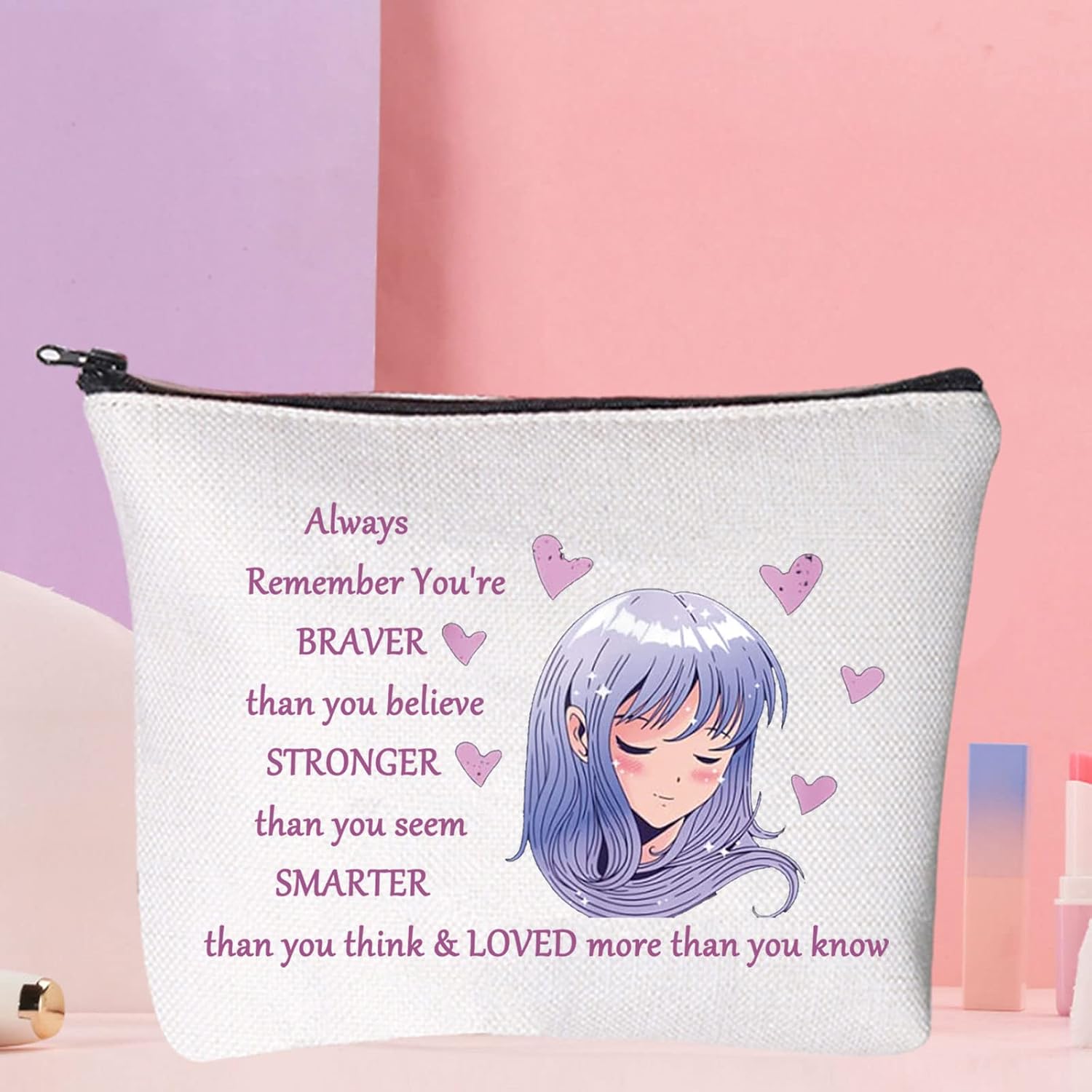WZMPA Amine Girl Cosmetic Bag Anime Fans Gift You Are Braver Stronger Smarter Than You Think Japan Anime Makeup Zipper Pouch Bag for Women Teen Girls Always Amine - Image 5