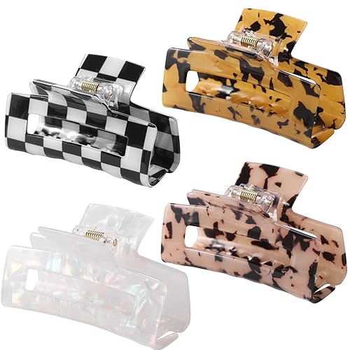 LuSeren 4 Pack 3 Inch Hair Claw Clips for Women, Medium Rectangle Acetate Jaw Clips, Checkered & Tortoise Style, Strong Hold Non-Slip Hair Accessories for Girls