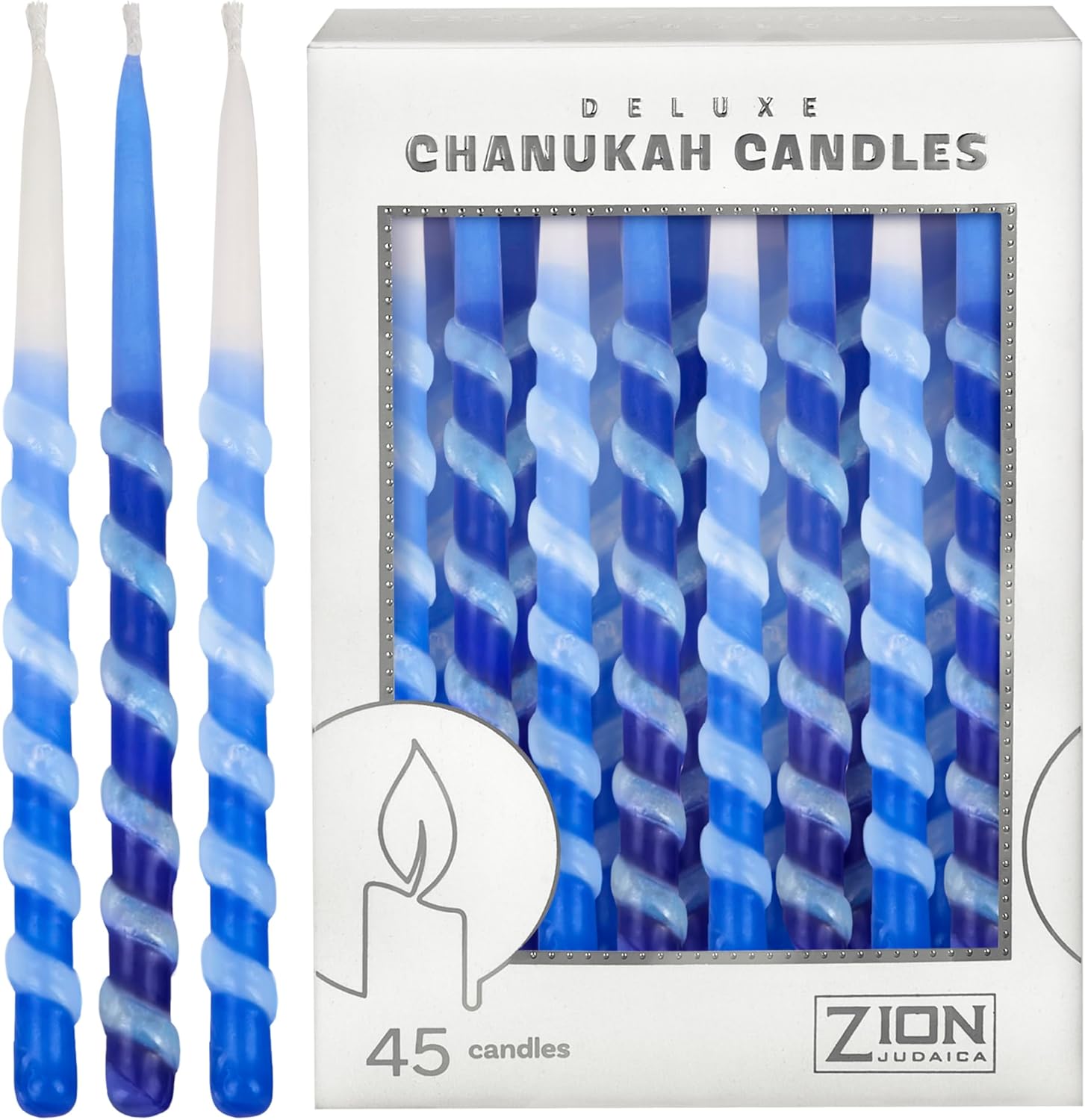 Dripless Hanukkah Candles Set - 45 Multi Tone Blue and White Ombre Spiral Candle Includes a DIY Dreidel, Prayer Card - Standard Size Menorah Candles Enough for Eight Nights of Chanukah By Zion Judaica