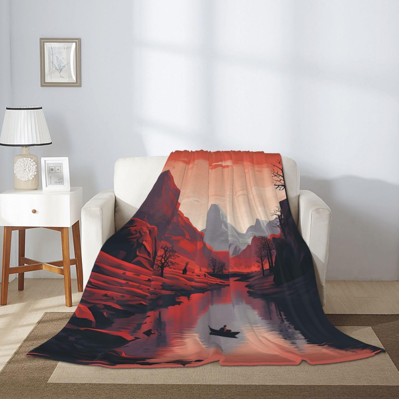 Couverture en flanelle imprimée pour canapé – Couverture en flanelle douce, confortable et légère en microfibre pour toutes les saisons – Rouge montagne et bateau
