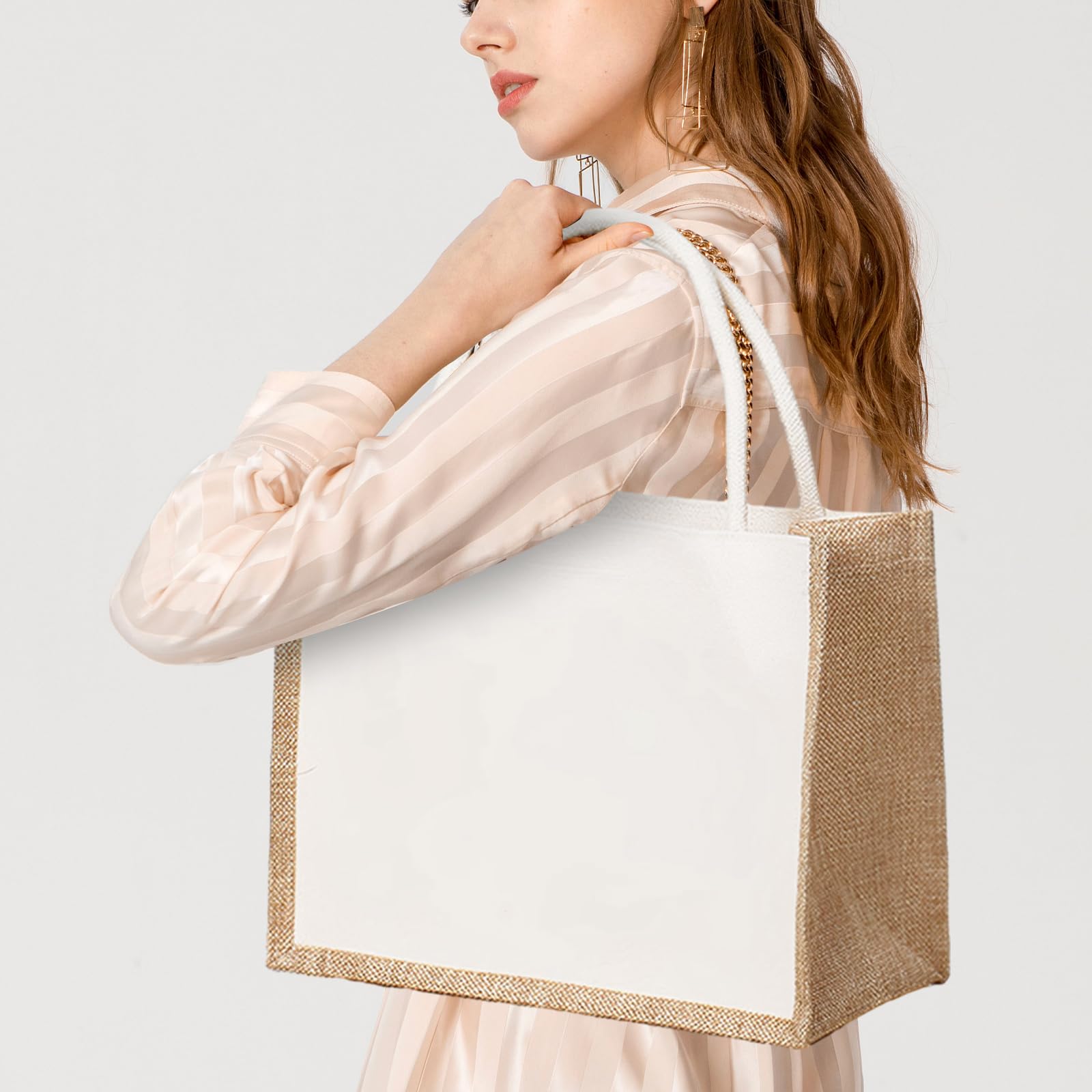 6 Pièces Sac en Toile de Jute 35 x 27 x 15 cm, Sac Cabas Blanc et Naturel, Tote Bag avec Poignées pour Courses, Plage, Pique-nique, Voyage et Cadeaux