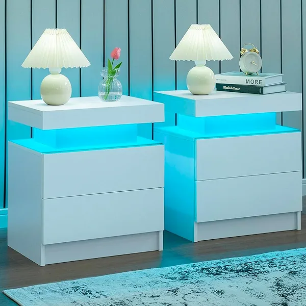 i-aplus Nightstand Set of 2 LED Nightstand with 2 Drawers,Night Stand Set 2 with LED Light,Bedside Table with Drawers for Bedroom,White